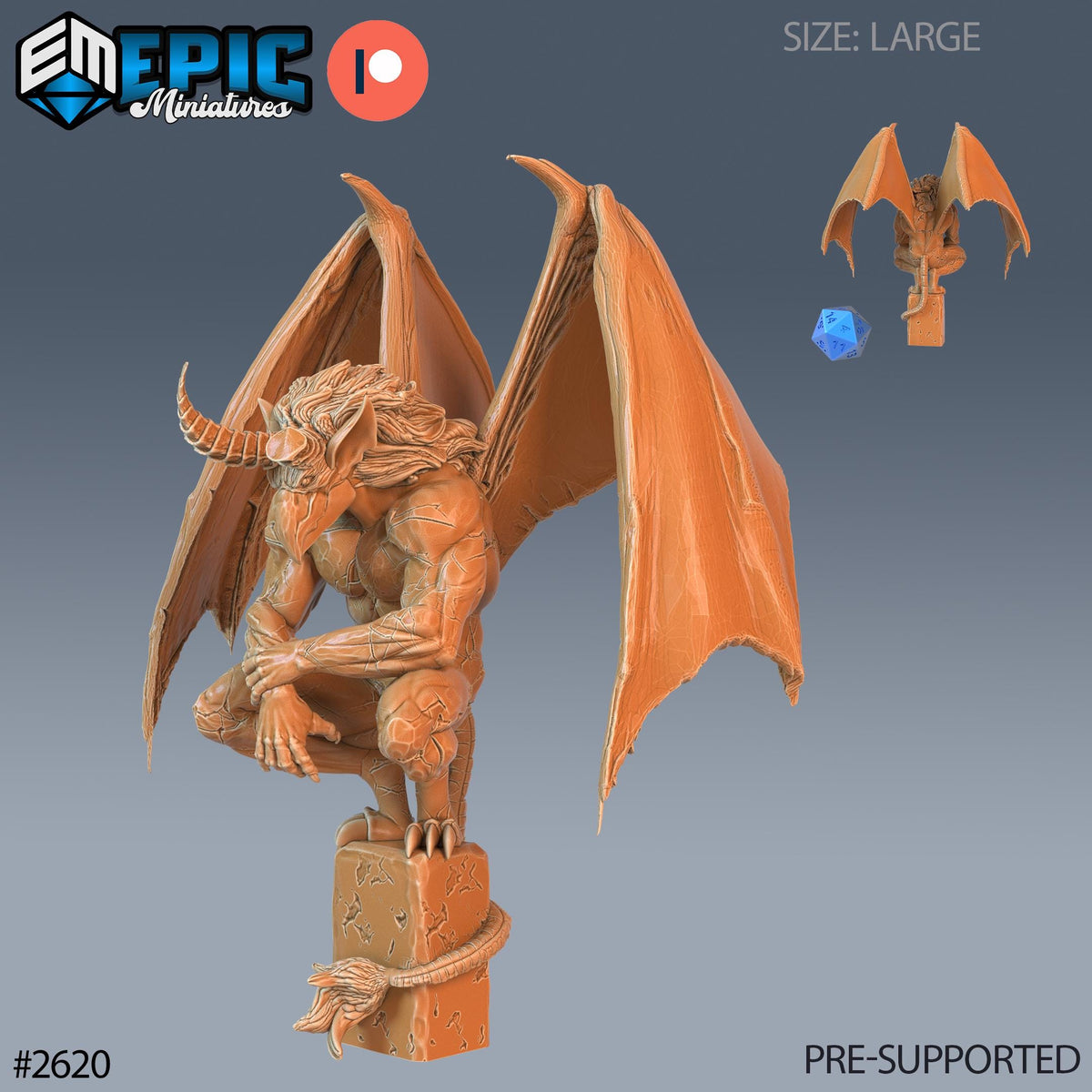 a large orange dragon statue with wings and horns, sitting on a rock.