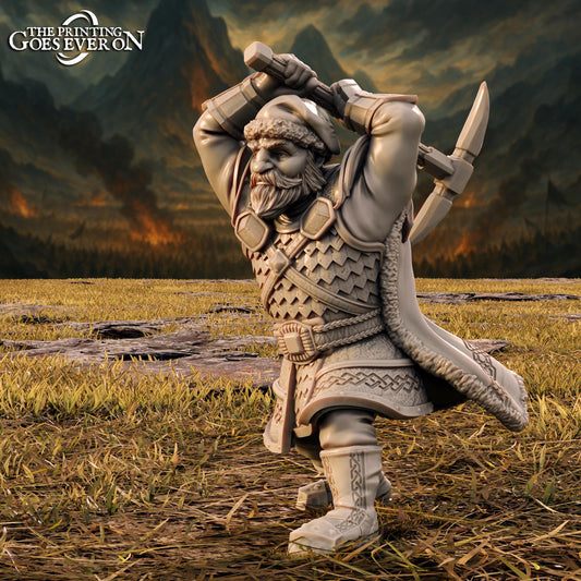 A detailed 3D model of a bearded man in a medieval-style outfit, wielding a sword and shield, standing in a grassy field with mountains in the background.