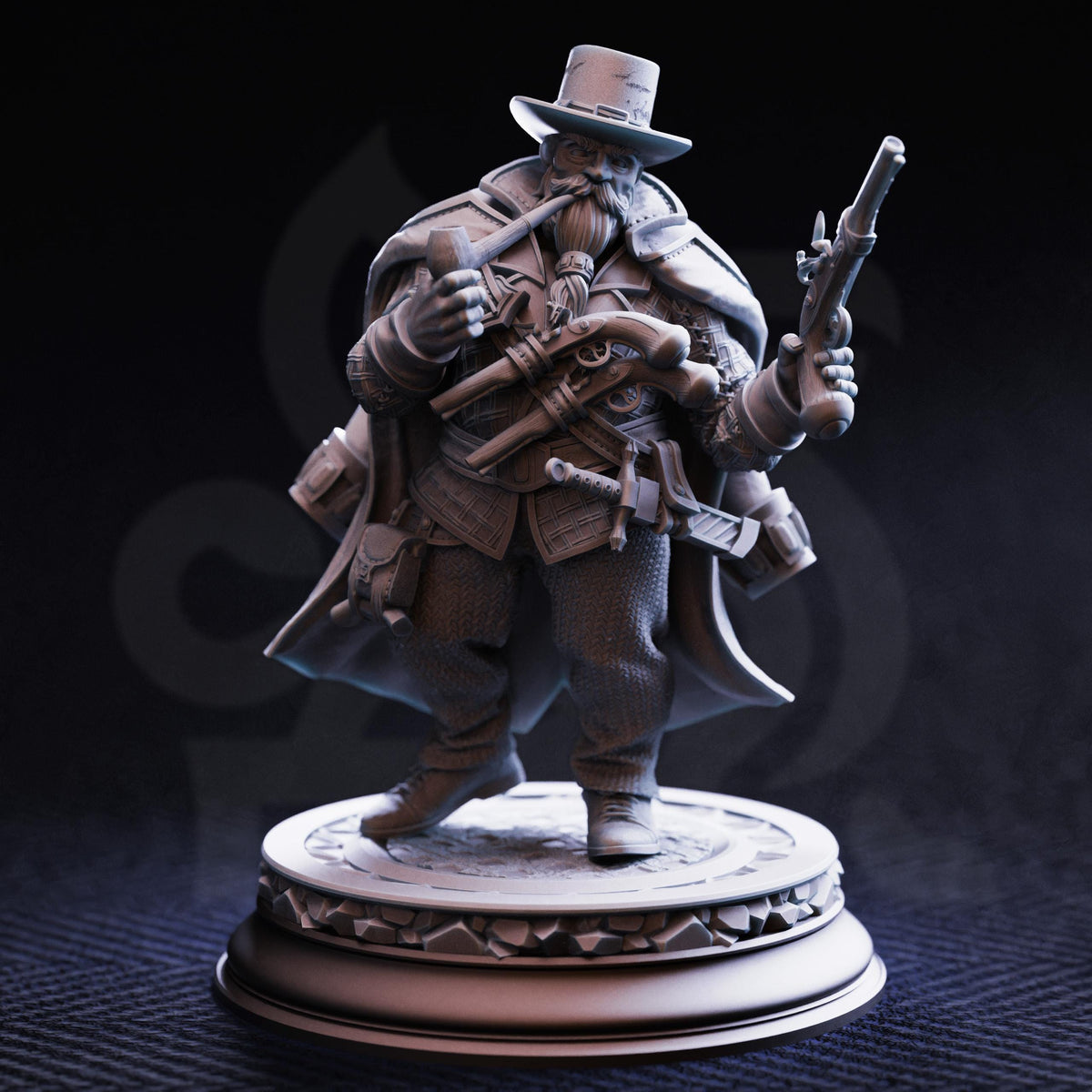 A detailed 3D model of a character wearing a top hat and holding a gun, standing on a pedestal.