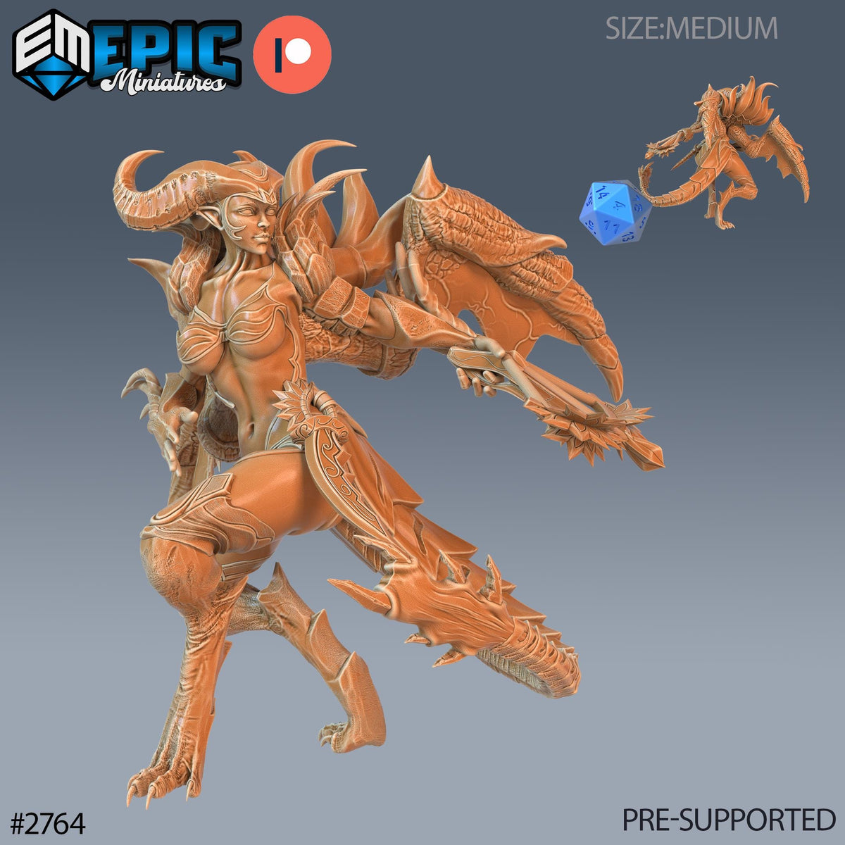 The image is a 3D model of a female fantasy character with horns and a dragon-like creature in the background. The character is depicted in a dynamic pose, with a sword in hand. The image is pre-supported, meaning it is ready to be used in a game or other project.