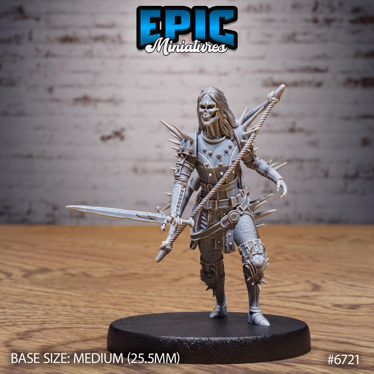 A detailed model of a warrior figure, likely a character from a fantasy or science fiction game, standing on a black base and holding a sword.