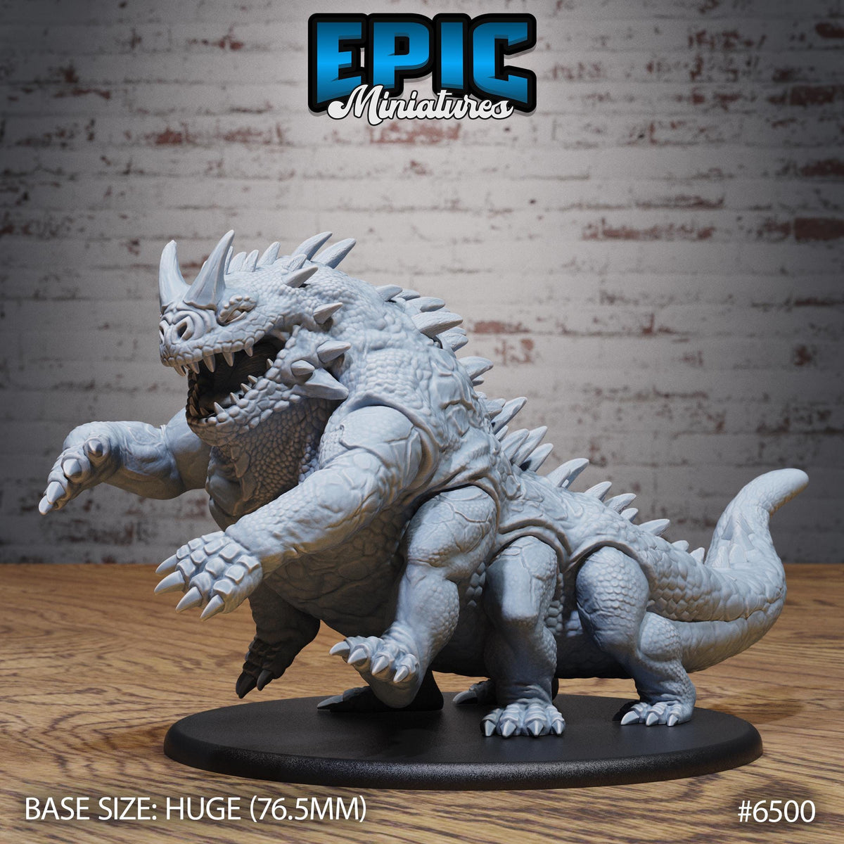 A large, detailed, and intricate model of a monster-like creature, possibly a dragon or serpent, sitting on a black base. The creature has sharp teeth and claws, giving it a fierce appearance. The background is a brick wall, which adds to the overall aesthetic of the image. The image is described as a "BASE SIZE: HUGE (76.5MM)" and is numbered #6500.