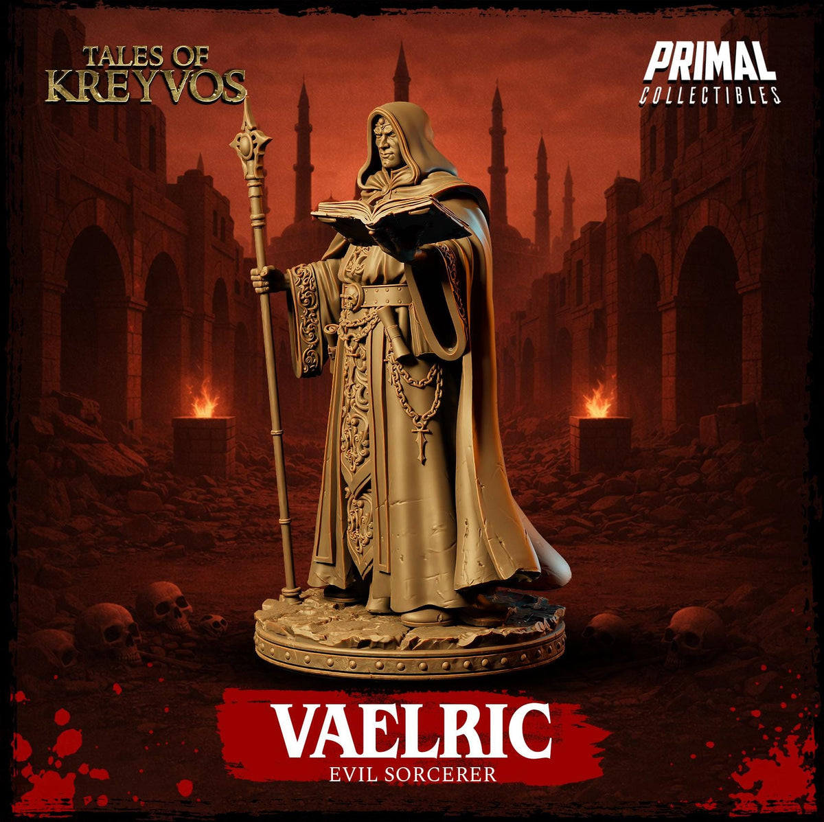 a statue of a wizard or evil Sorcerer, standing in a dark and ominous setting with a red sky and silhouettes of buildings in the background.