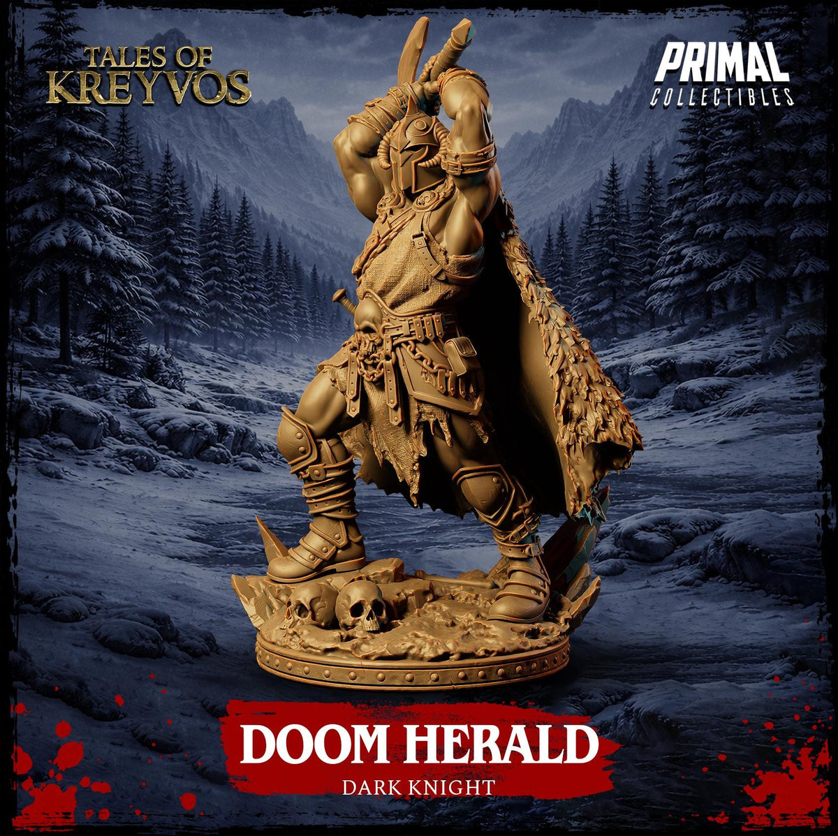 a statue of a dark knight, specifically named "DoomHERALD", standing in a snowy, mountainous landscape.