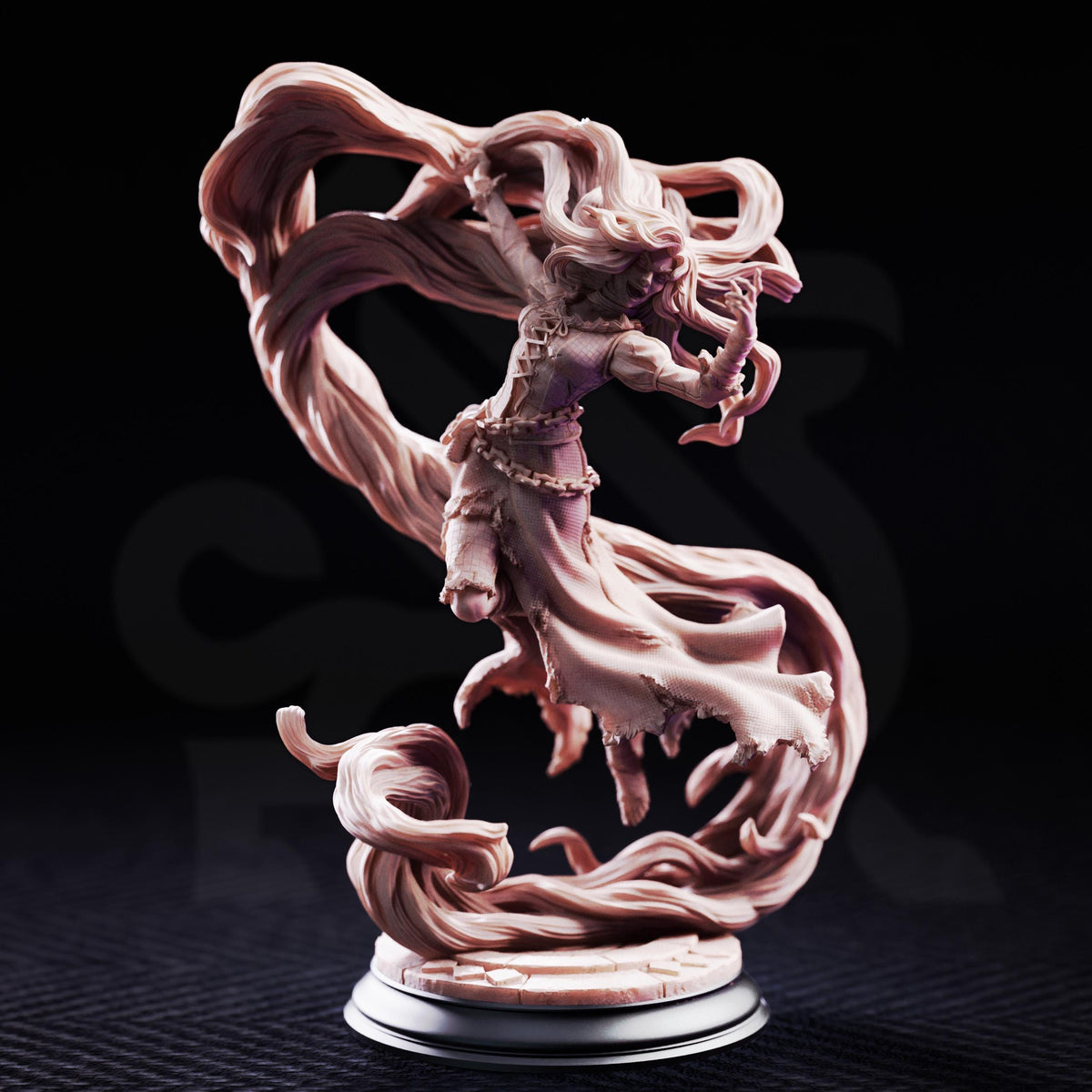 A detailed 3D model of a female figure with flowing hair and a flowing dress, standing on a pedestal and appearing to be in motion.
