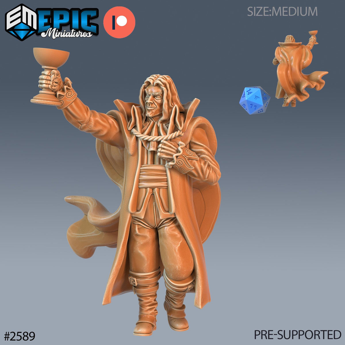 The image is a 3D model of a character, possibly a fantasy or historical figure, holding a trophy and a dice. The character is wearing a long coat and has a beard. The image is labeled as a "PRE-SUPPORTED" version, indicating that it has been provided for use in a game or other project.