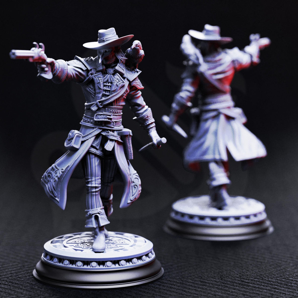 two figurines of a cowboy character, each holding a gun and standing on a platform.