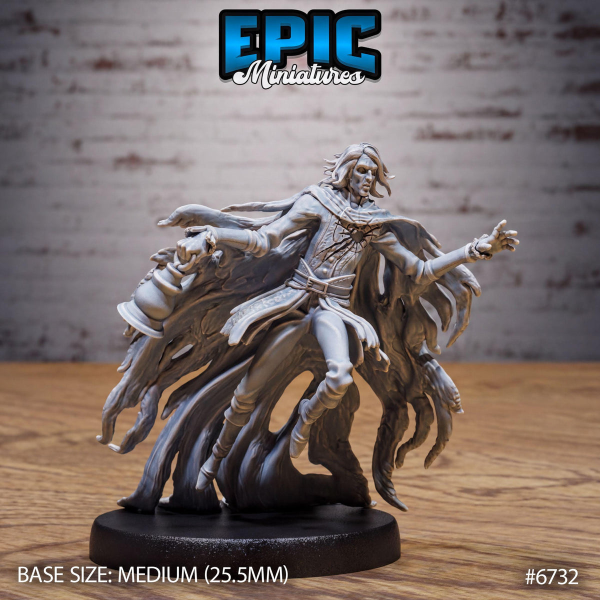 A detailed 3D model of a fantasy character, likely a deity or magical being, with flowing robes and a flowing cape. The character is depicted in a dynamic pose, with one hand extended and the other hand raised. The background is a brick wall, which adds to the overall atmosphere of the scene. The image is labeled with the text "Epic Miniature" and "BASE SIZE: MEDIUM (25.5MM)" indicating the scale and size of the model.
