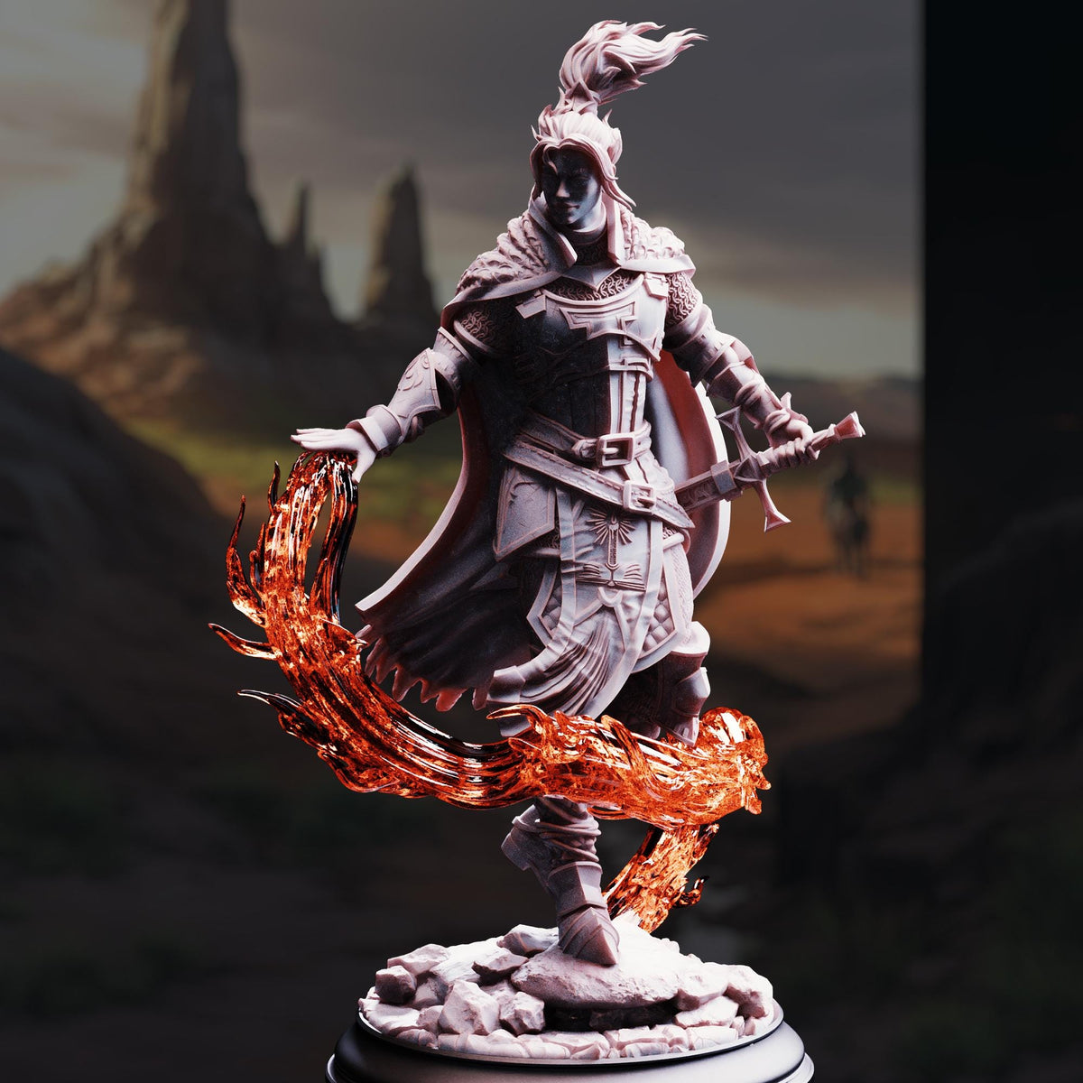 A detailed 3D model of a warrior figure, wearing a helmet and armor, holding a sword and shield, with a fiery element emanating from the base of the figure.