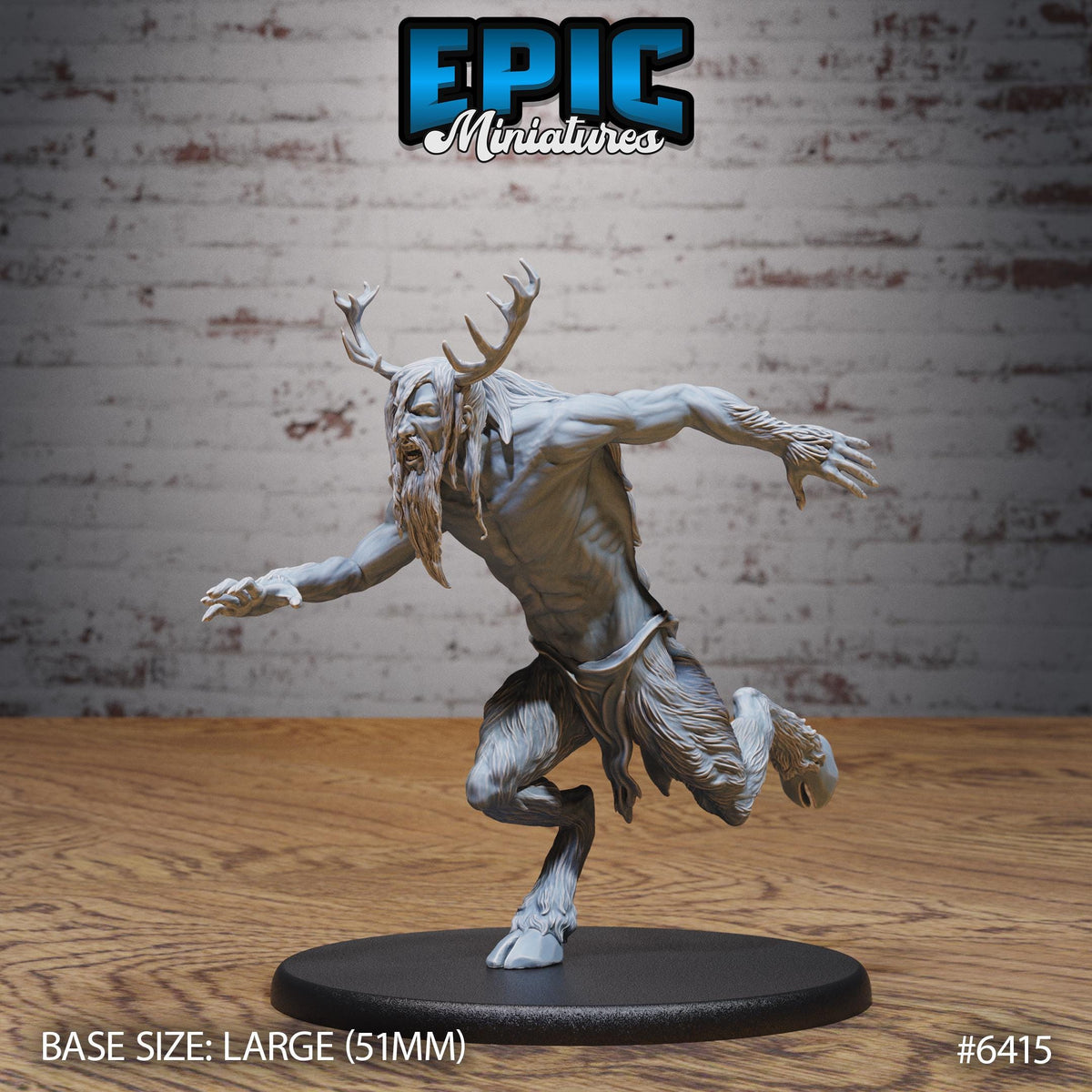 A detailed 3D model of a fantastical creature with antlers, standing on a black base and posed in a dynamic, fighting stance.