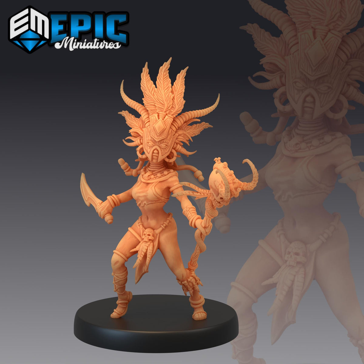 a figurine of a female character with an elaborate headdress and ornate clothing, standing on a black base.