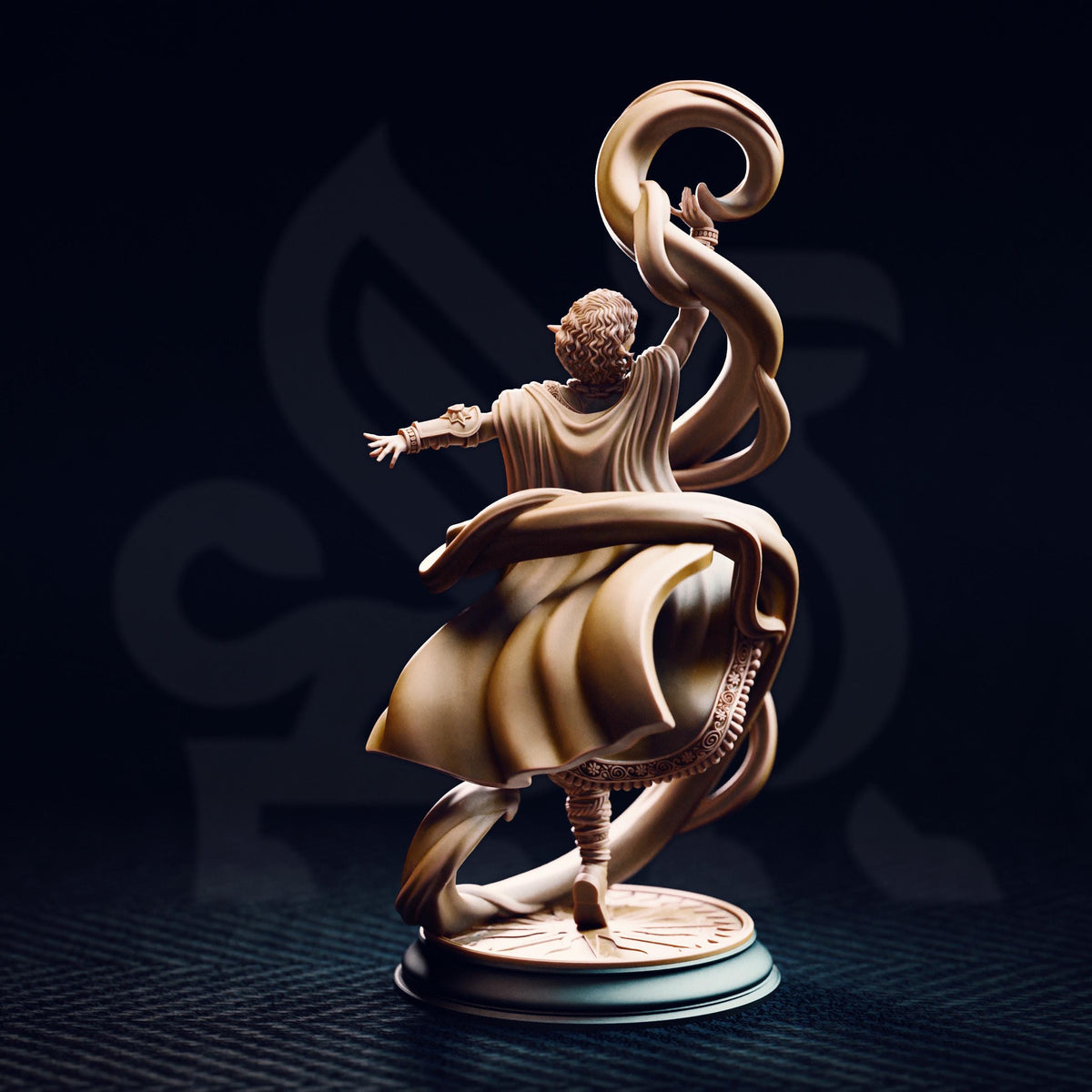 A bronze statue of a figure with outstretched arms, standing on a pedestal against a dark background.