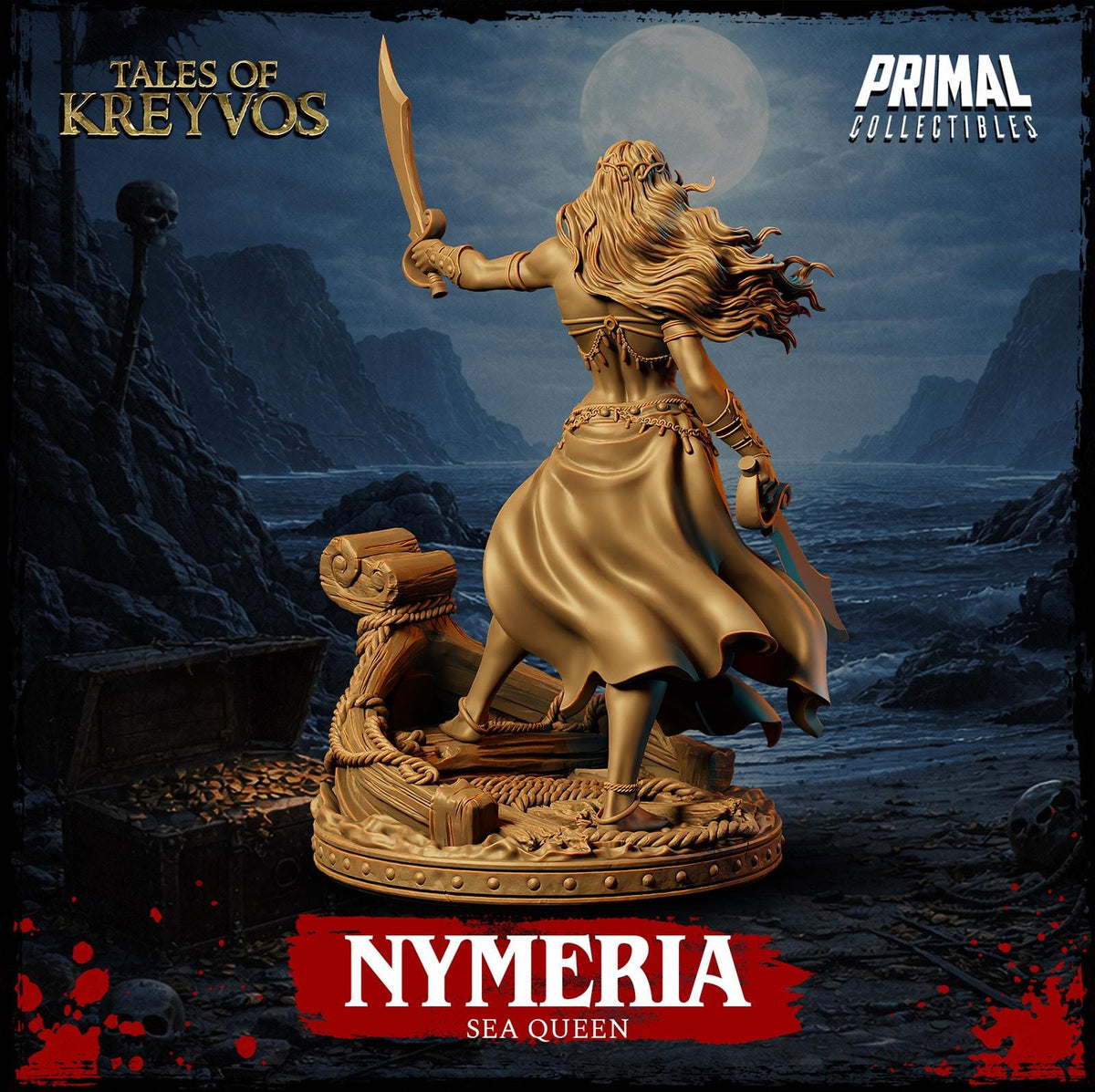 The image is a promotional poster for the video game "Tales of Kreyvos: Nymeria Sea Queen". The poster features a golden statue of a woman with flowing hair and a flowing skirt, holding a sword and standing on a ship. The background depicts a dark, stormy sea with mountains in the distance. The title "Tales of Kreyvos: Nymeria Sea Queen" is prominently displayed at the bottom of the poster.