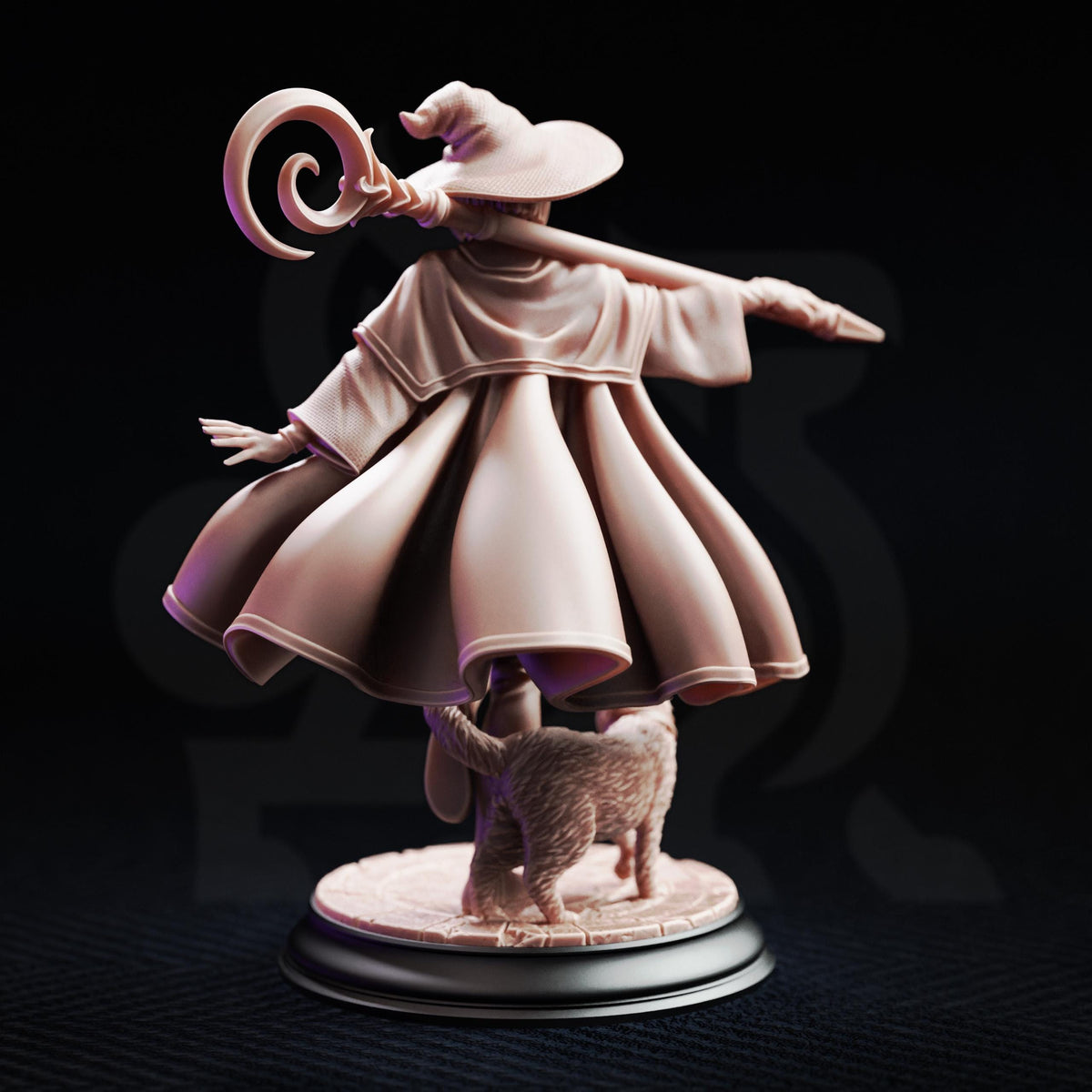 A detailed 3D model of a wizard or magical figure, with a flowing robe and a staff, standing on a platform with a cat.