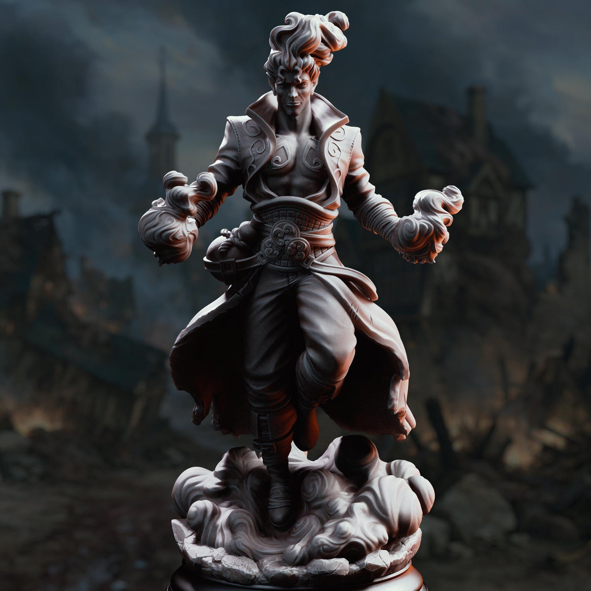 A detailed 3D model of a character with a fierce expression, standing in a dark, stormy environment with a castle-like structure in the background.