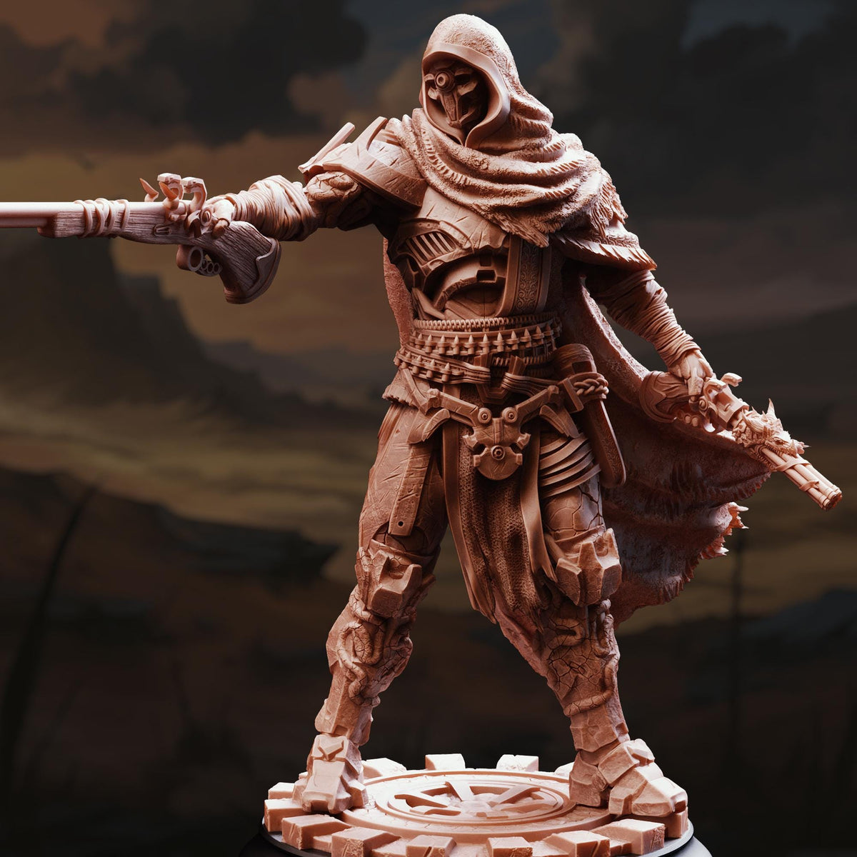 A detailed 3D model of a futuristic-looking warrior figure, wearing a hooded cloak and wielding various weapons, stands in a dramatic setting against a dark, cloudy sky.