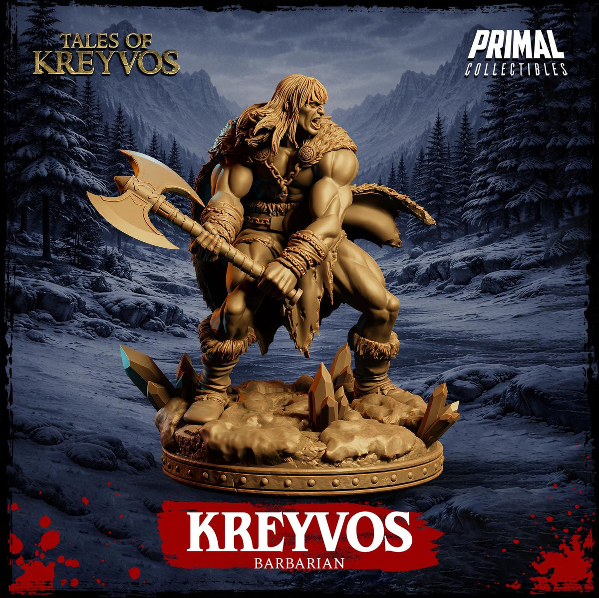 A bronze statue of a muscular, bearded warrior wielding a large sword, set against a snowy, mountainous landscape. The text "TALES OF KREYVOS" and "KREYVOS" is visible, along with the name "BARBARIAN" below the statue.
