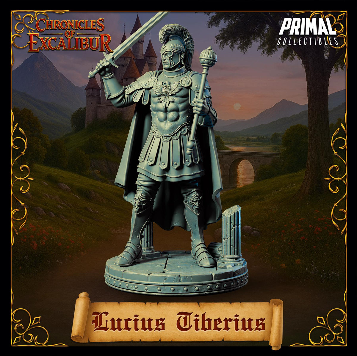 A statue of a Roman soldier, identified as "Lucius Tiberius", standing in a medieval-style setting with a castle in the background.