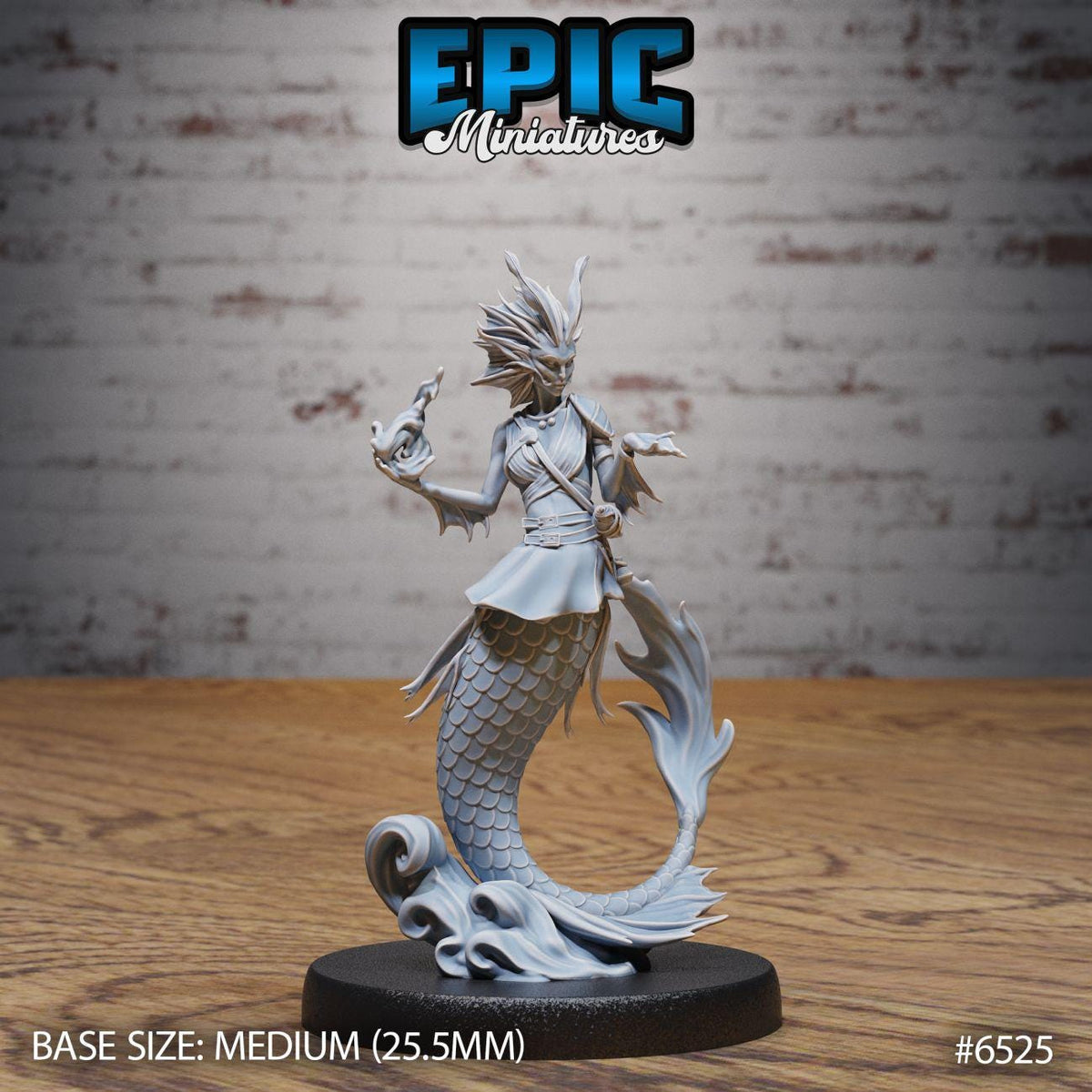 A figurine of a mermaid-like character with a fish-like body, standing on a black base and holding a fish. The background is a brick wall.