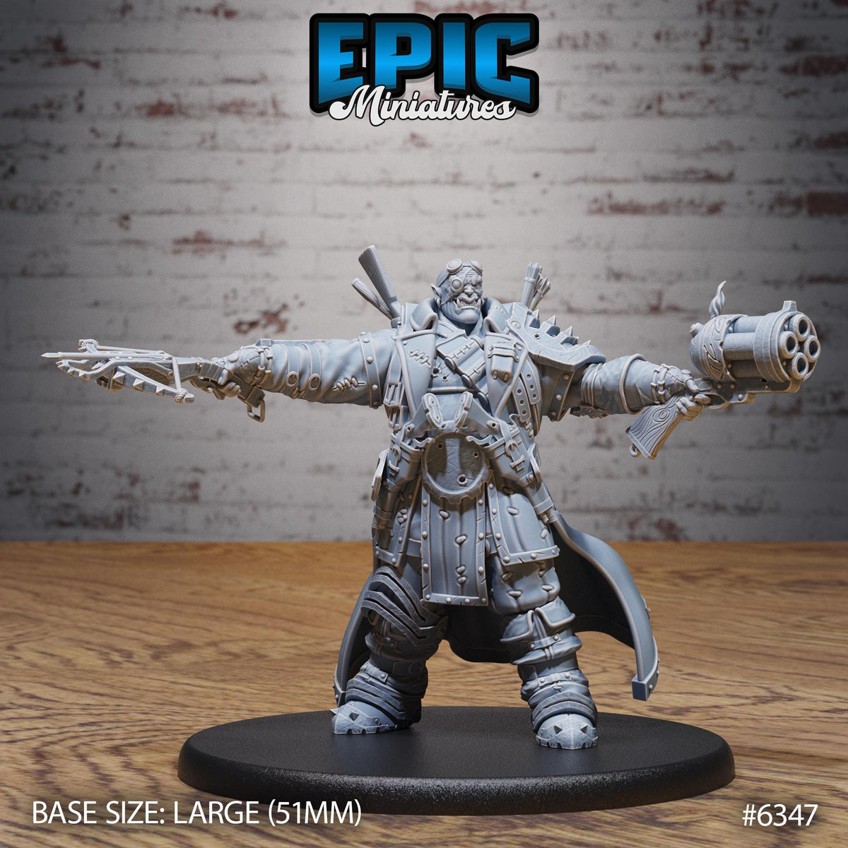 A large model of a character from the video game Epic Miniatures, featuring a heavily armored and armed figure with various weapons.