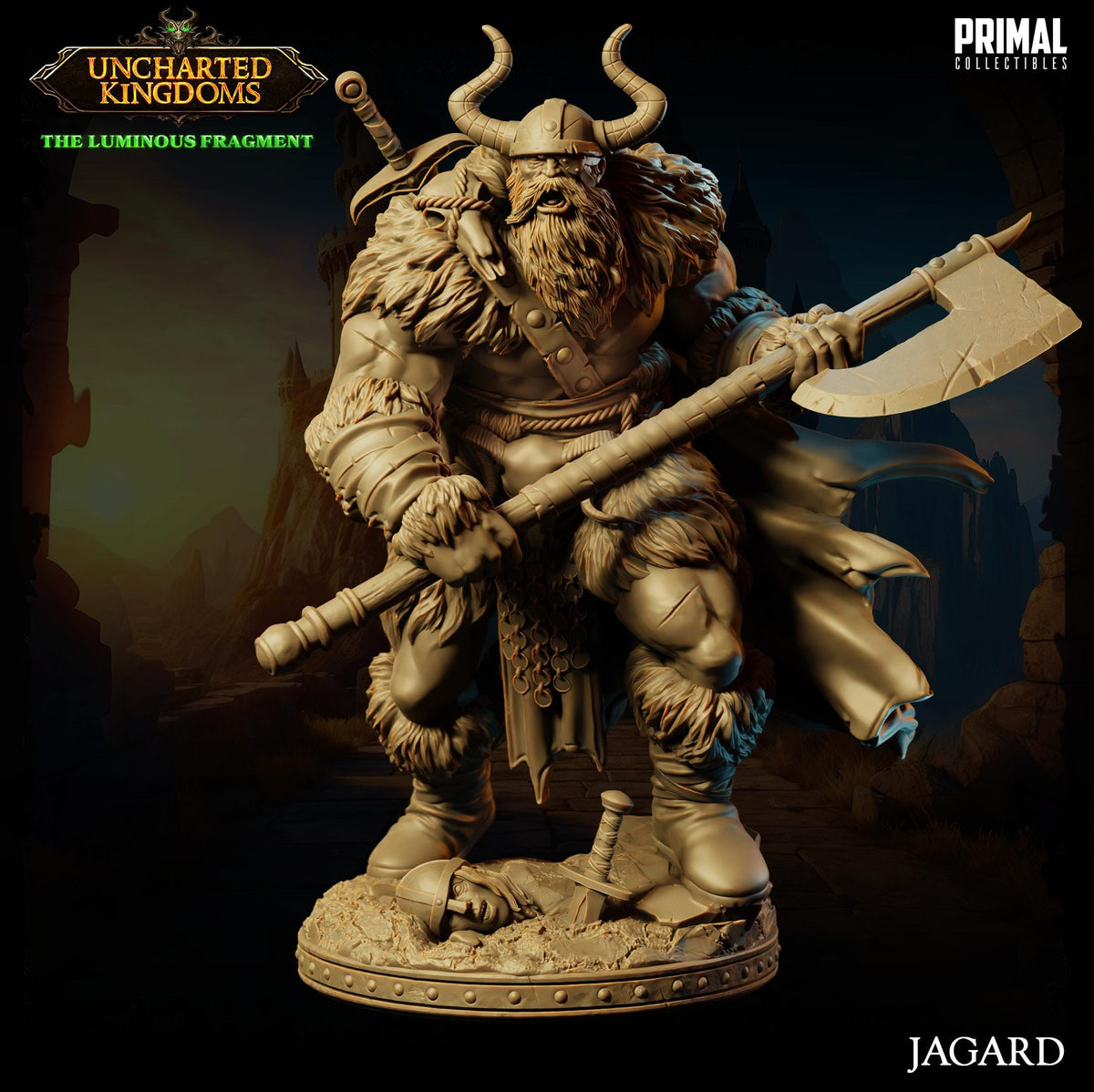 A detailed, detailed statue of a Viking warrior holding a large sword and shield, standing in a dark, fantastical setting.