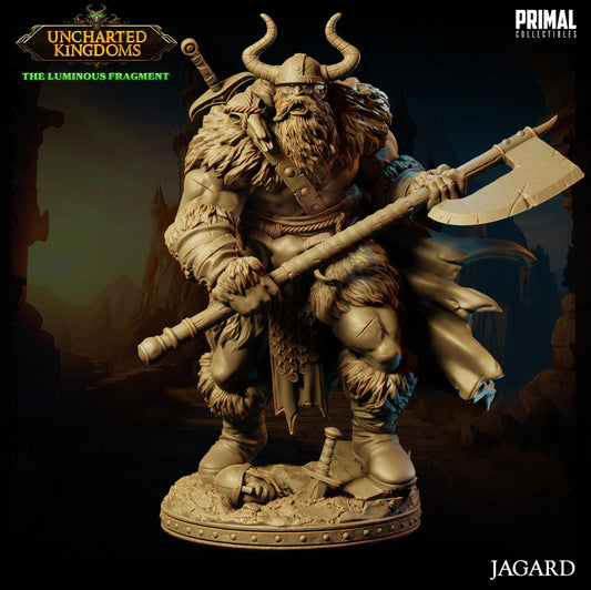 A detailed, detailed statue of a Viking warrior holding a large sword and shield, standing in a dark, fantastical setting.