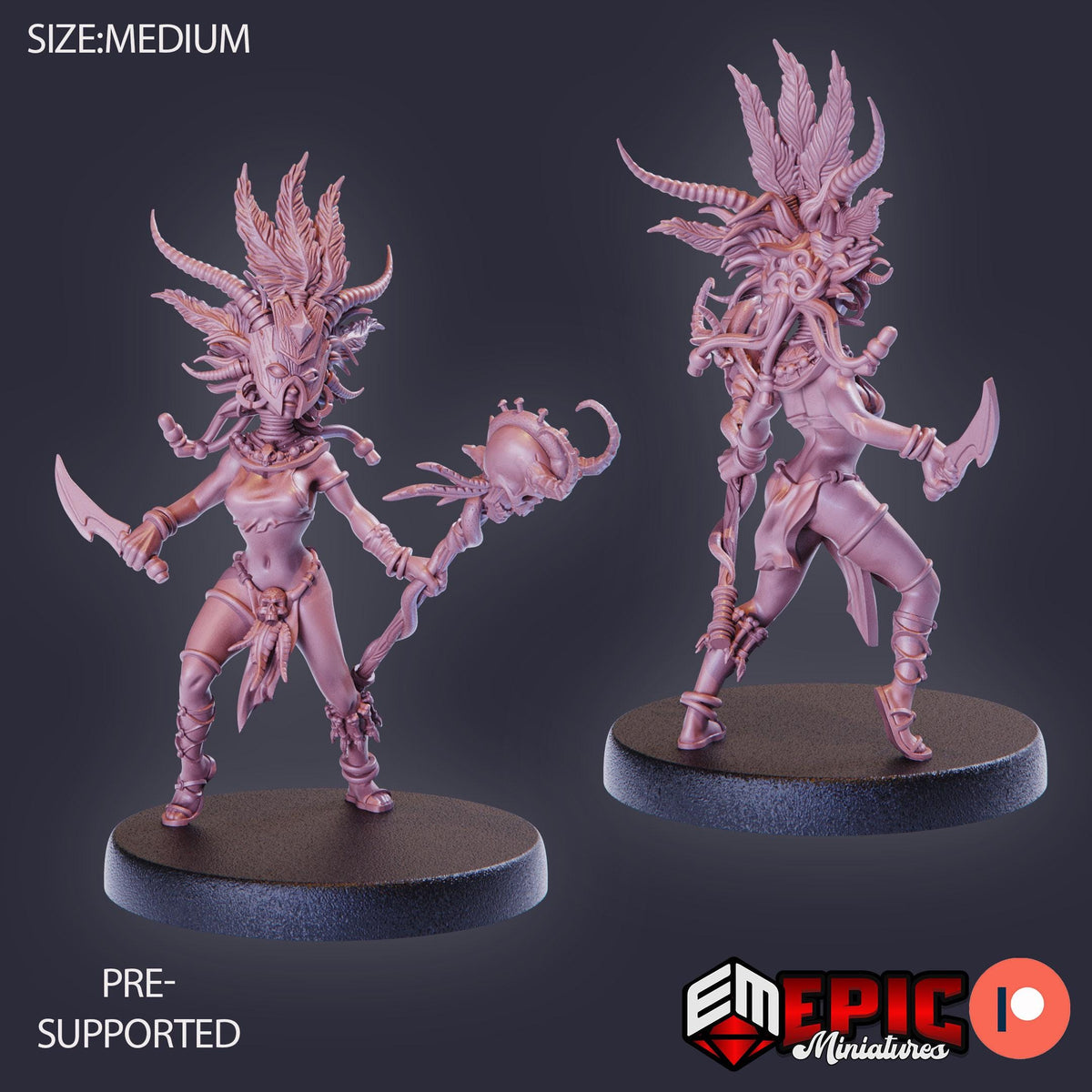 two figurines of a female character with elaborate headdress and weapons, set against a dark background.