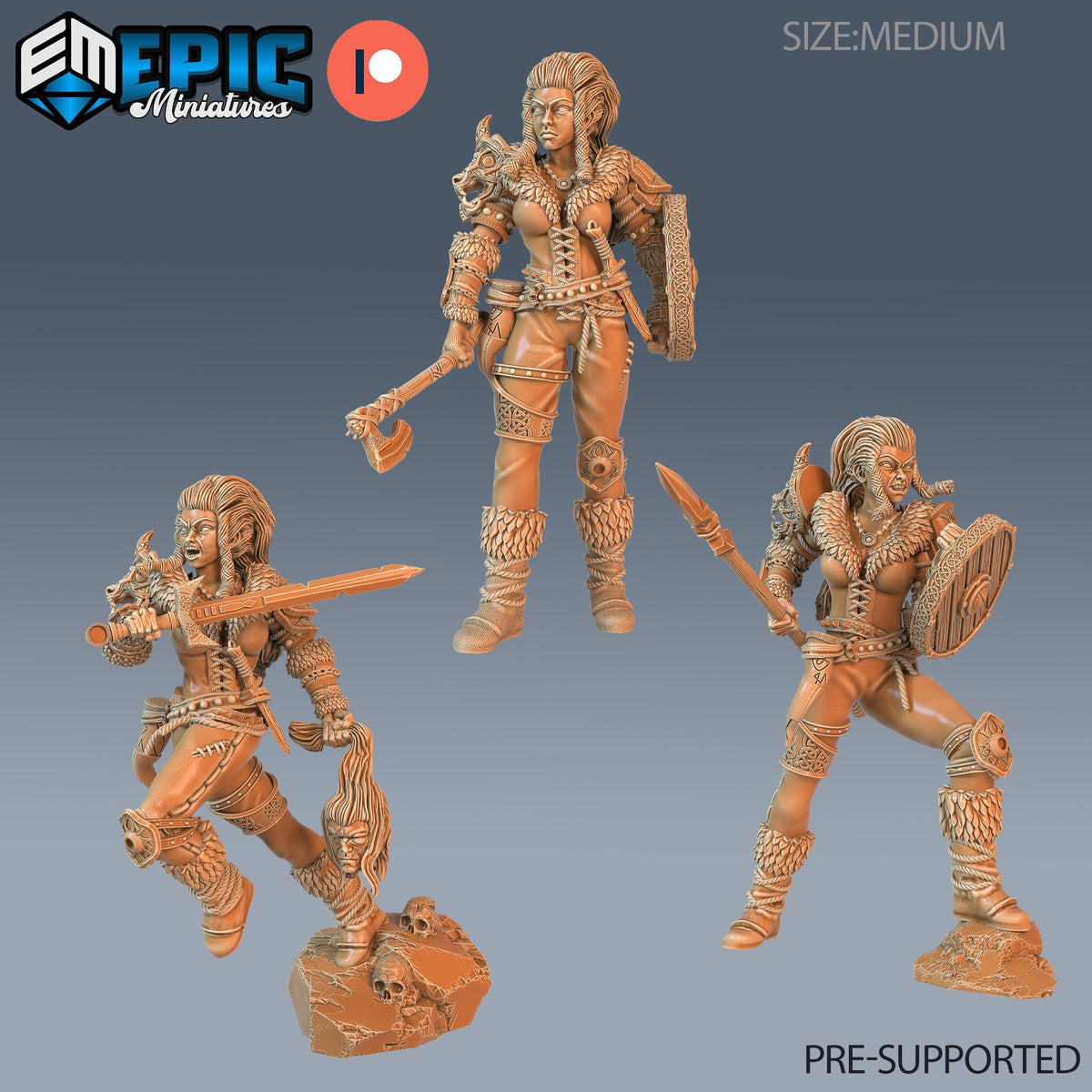 three detailed figurines of female fantasy characters, each holding various weapons and accessories, such as swords, spears, and shields. The figurines are arranged in a row, showcasing the different poses and stances of the characters.