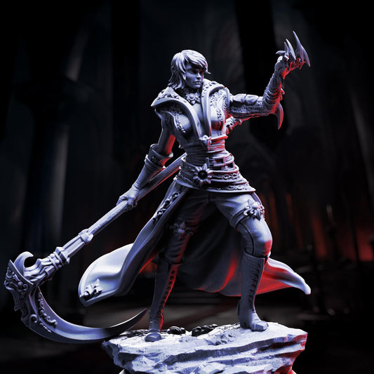 A detailed 3D model of a female warrior figure wielding a large weapon, standing on a rocky surface against a dark background.