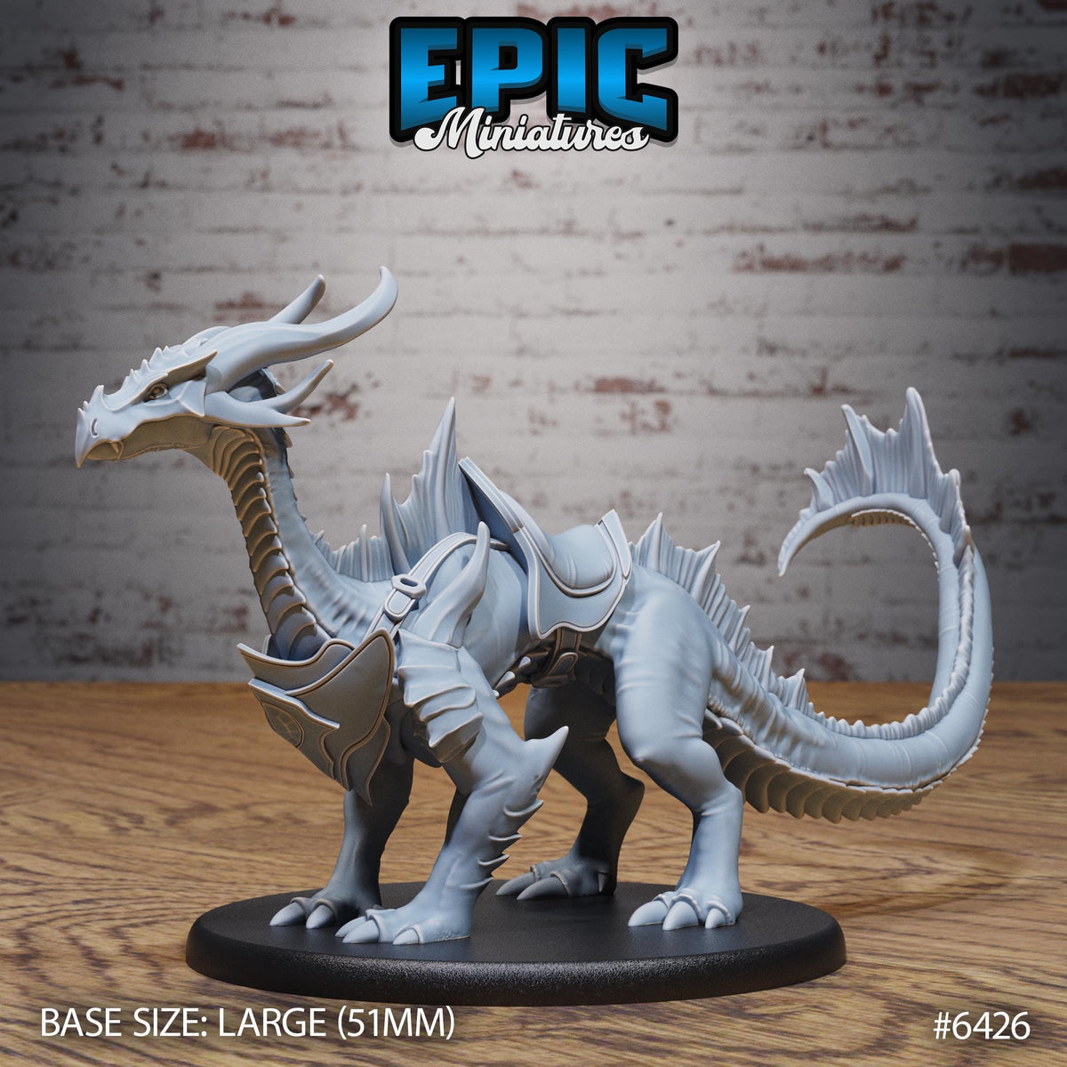 A large gray dragon figurine on a black base, with the text "Epic Miniaturies" above it.
