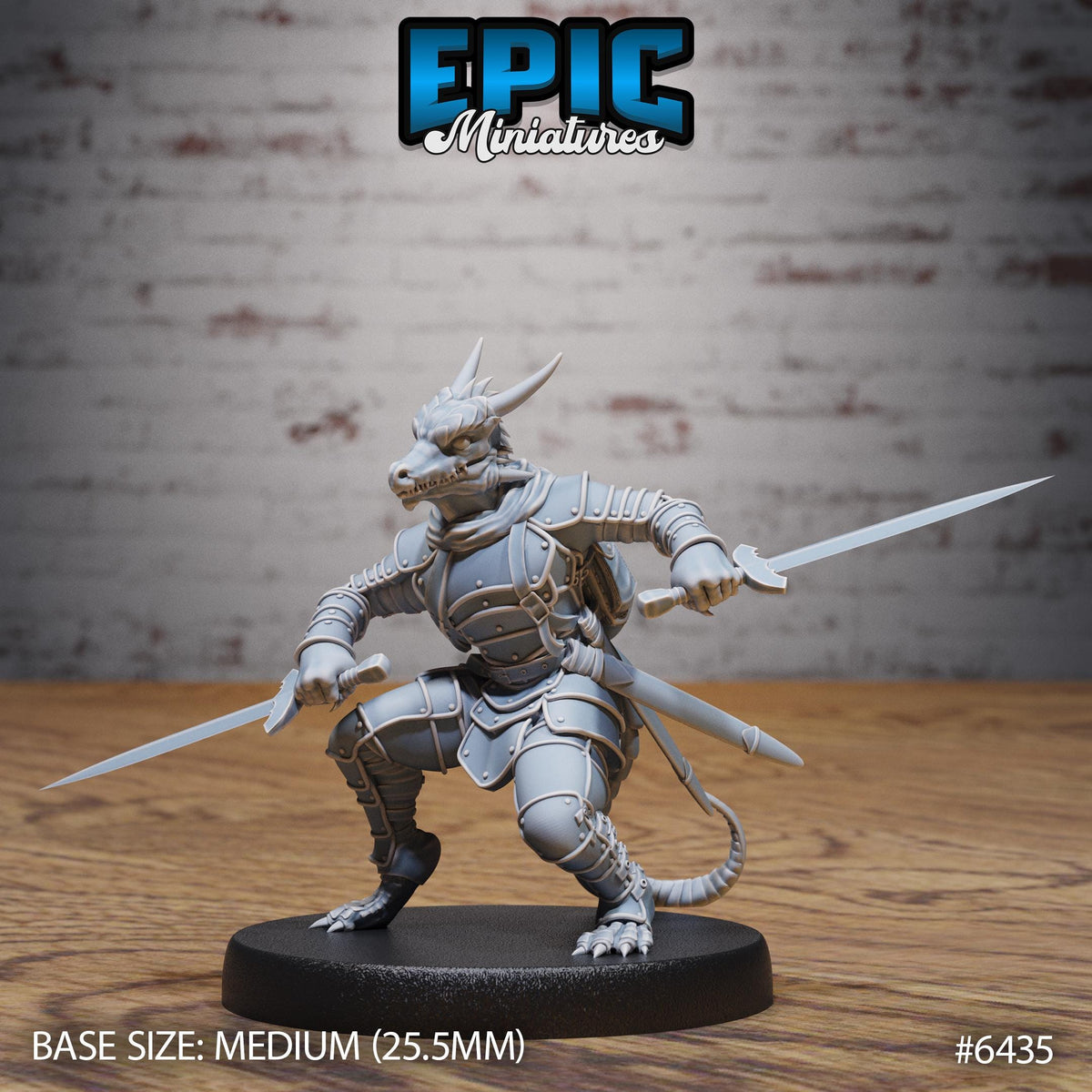 A figurine of a dragon-like creature with a sword and shield, standing on a black base.
