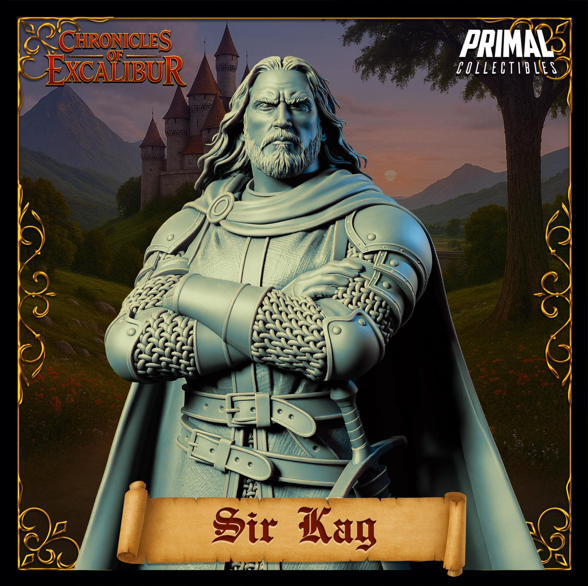 Knight Sir Kay miniature from Chronicles of Excalibur, crafted in premium grey resin with detailed features for collectors.