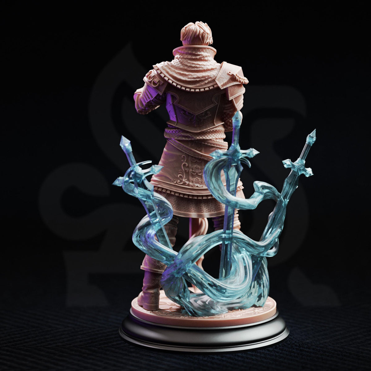 A statue of a warrior figure with a shield and sword, surrounded by swirling blue energy.