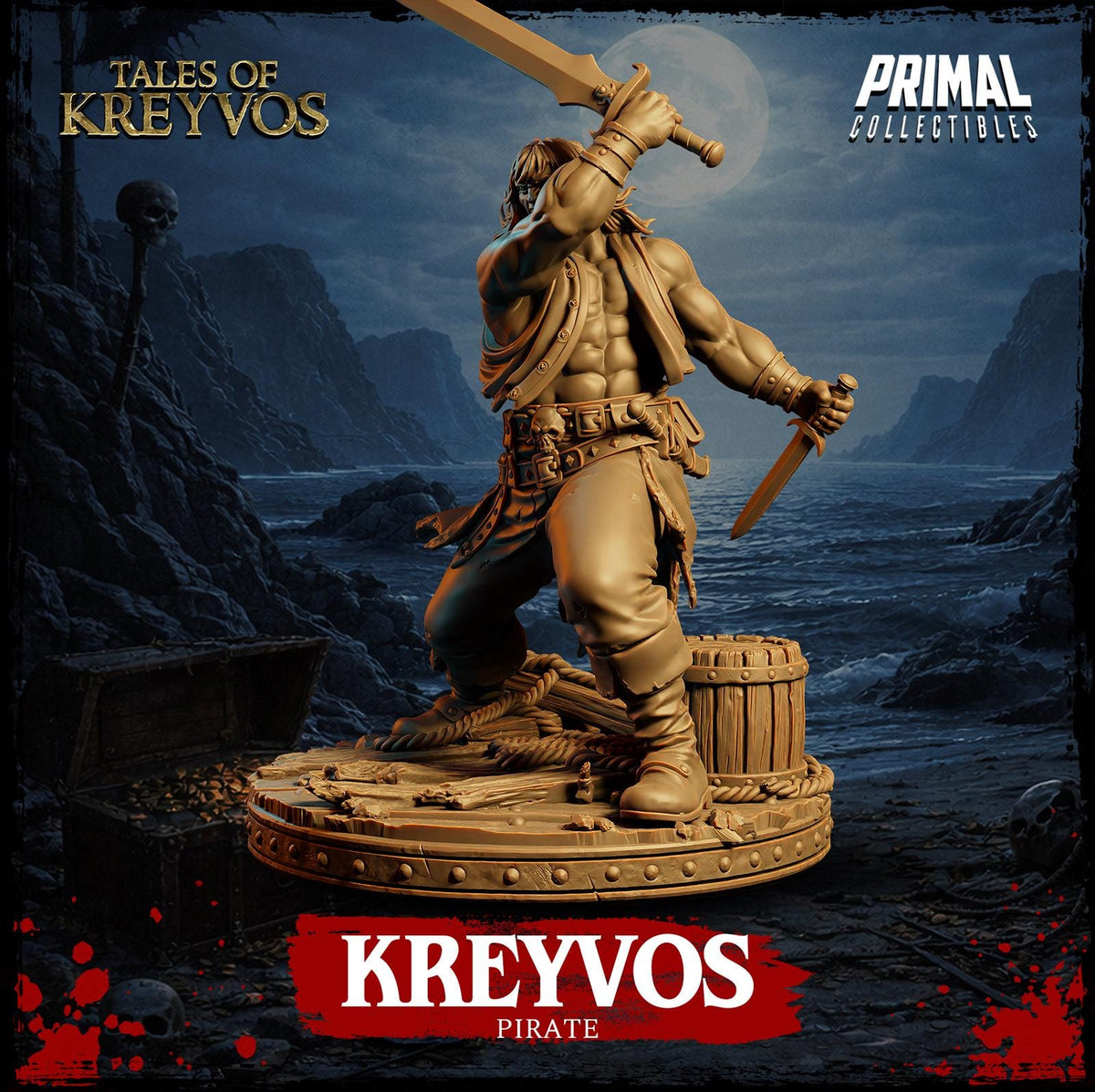 A golden statue of a pirate standing on a platform, holding a sword and shield, with a skull and a barrel in the background.