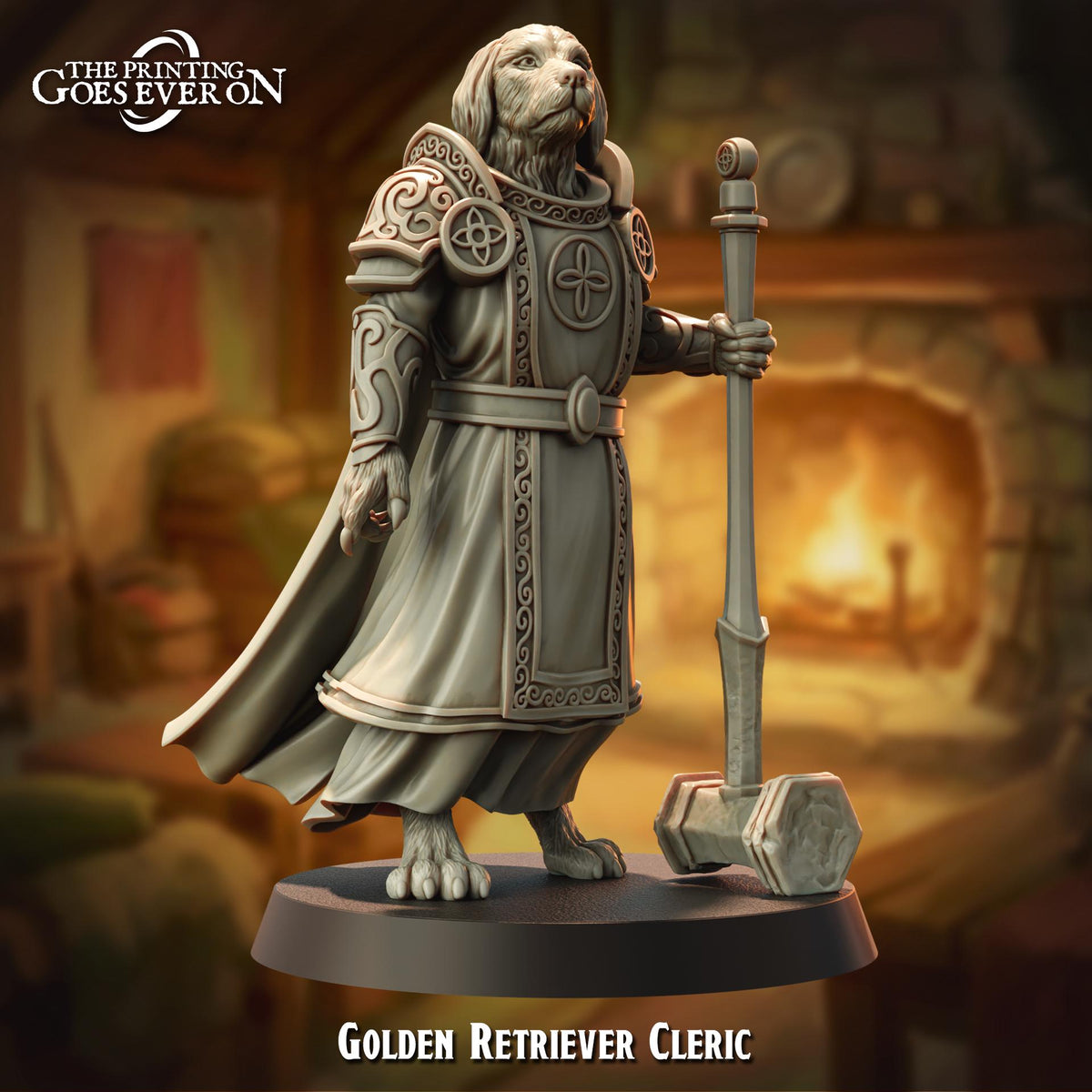 A detailed 3D model of a Golden Retriever-like creature, likely a wizard or magical being, standing in a room with a fireplace in the background. The creature is wearing ornate armor and holding a staff, giving it a regal and powerful appearance.