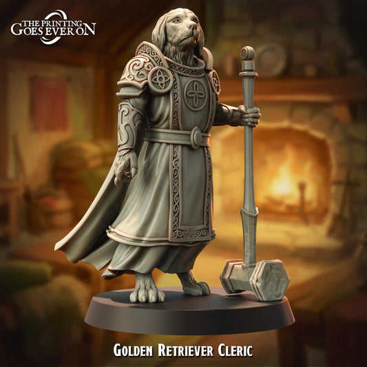 A detailed 3D model of a Golden Retriever-like creature, likely a wizard or magical being, standing in a room with a fireplace in the background. The creature is wearing ornate armor and holding a staff, giving it a regal and powerful appearance.