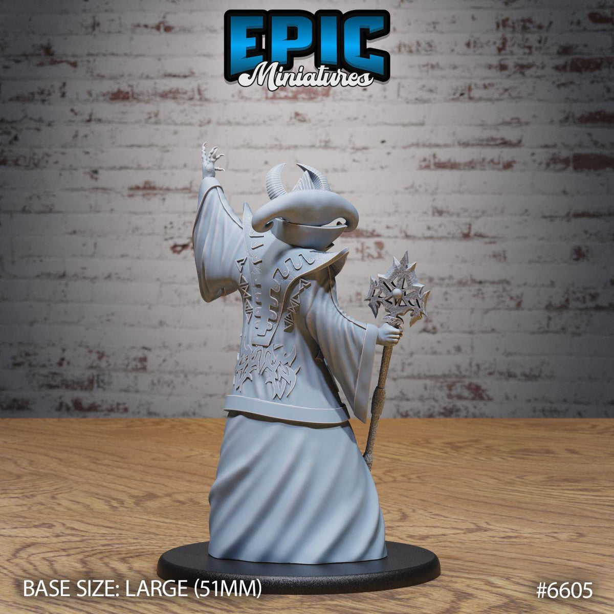 A 3D model of a wizard or magical figure, standing on a wooden base and holding a staff or staff-like object. The background is a brick wall.