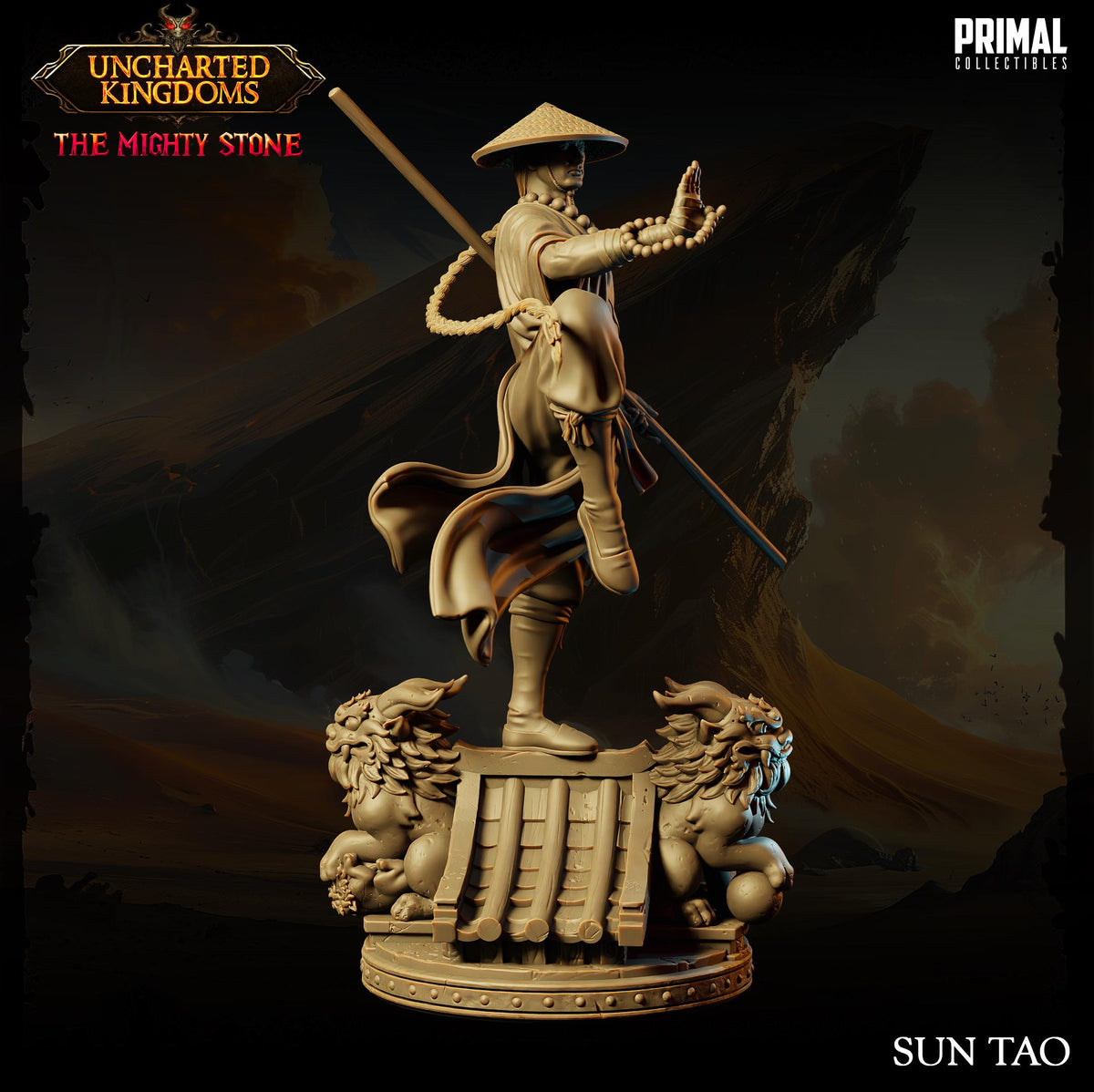 The image is a figurine of a warrior figure, possibly from the video game "Uncharted Kingdoms: The Mighty Stone". The warrior figure is depicted in a dynamic pose, holding a sword and surrounded by various mythical creatures.