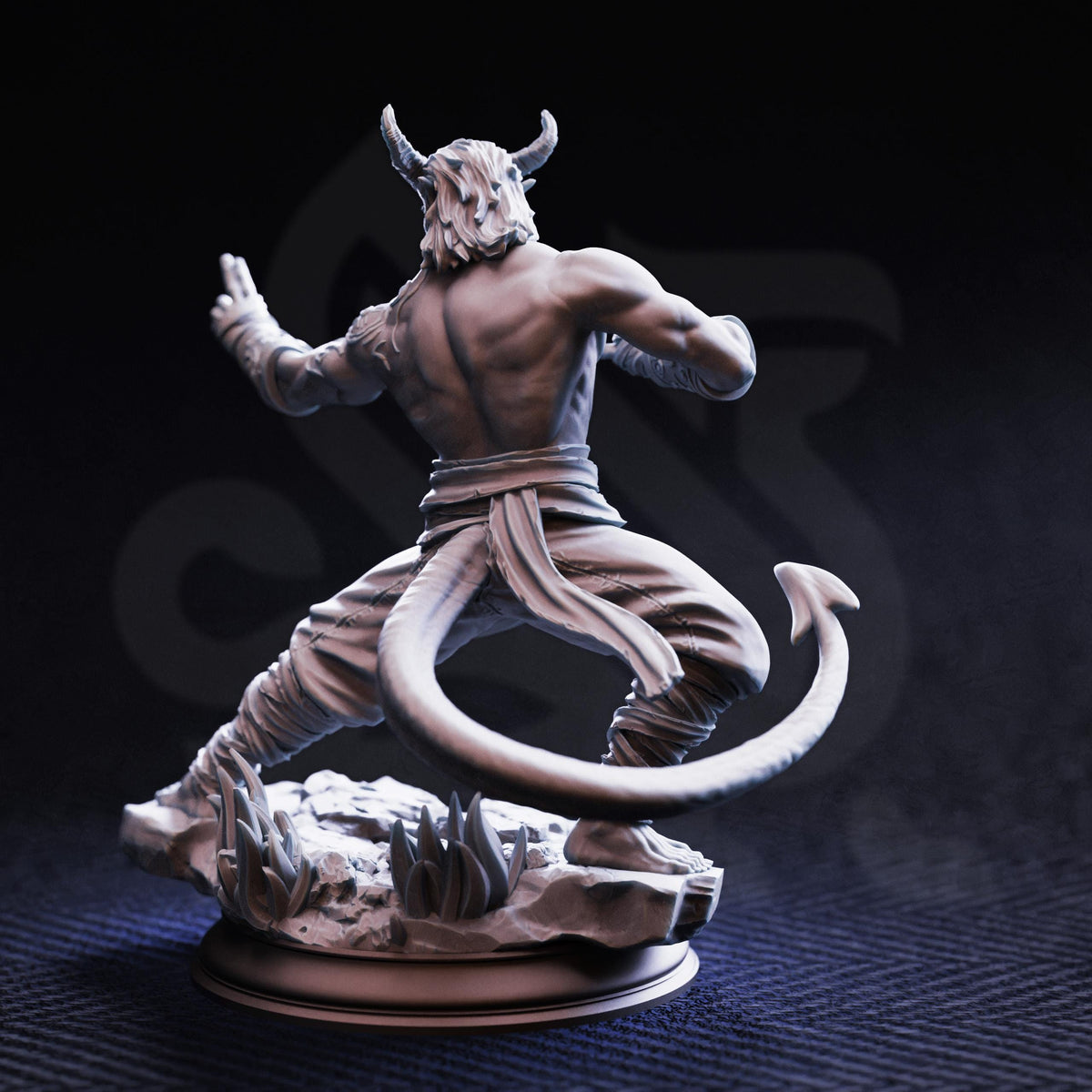 A detailed 3D model of a muscular, horned figure with a tail, standing on a rock formation against a dark background.