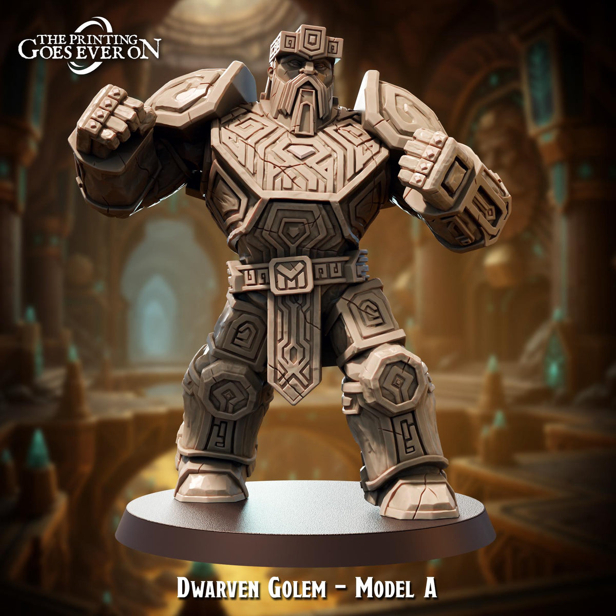 A figurine of a heavily armored dwarf warrior, likely from the video game The Printing Goes Ever On, is shown in a fighting stance.