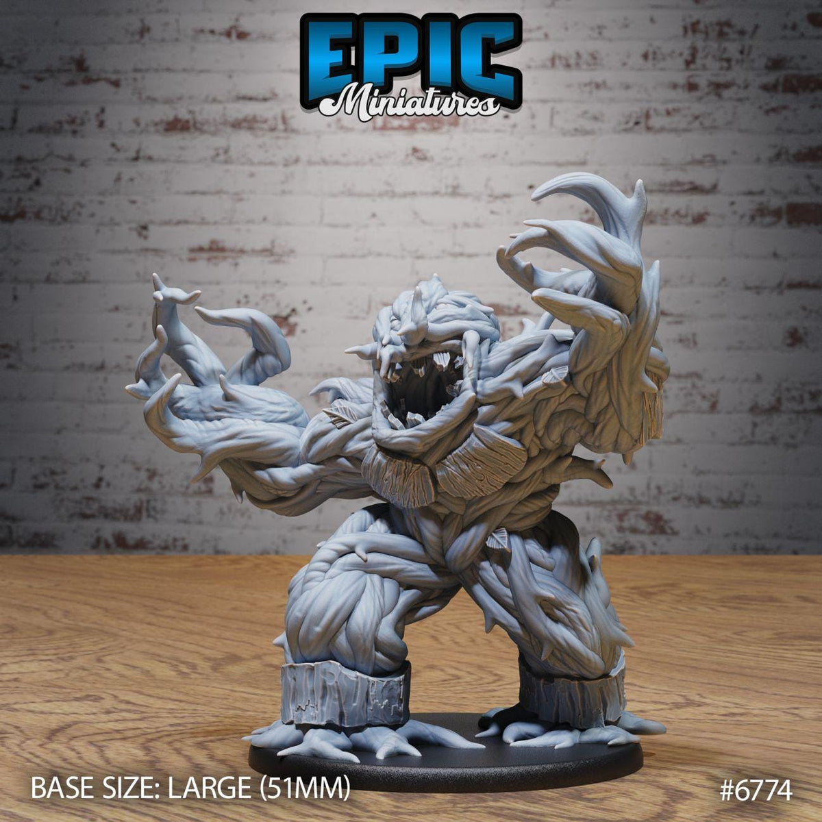 A large, detailed figurine of a monster-like creature with a fierce expression, standing on a base and appearing to be made of a material that resembles wood or stone.