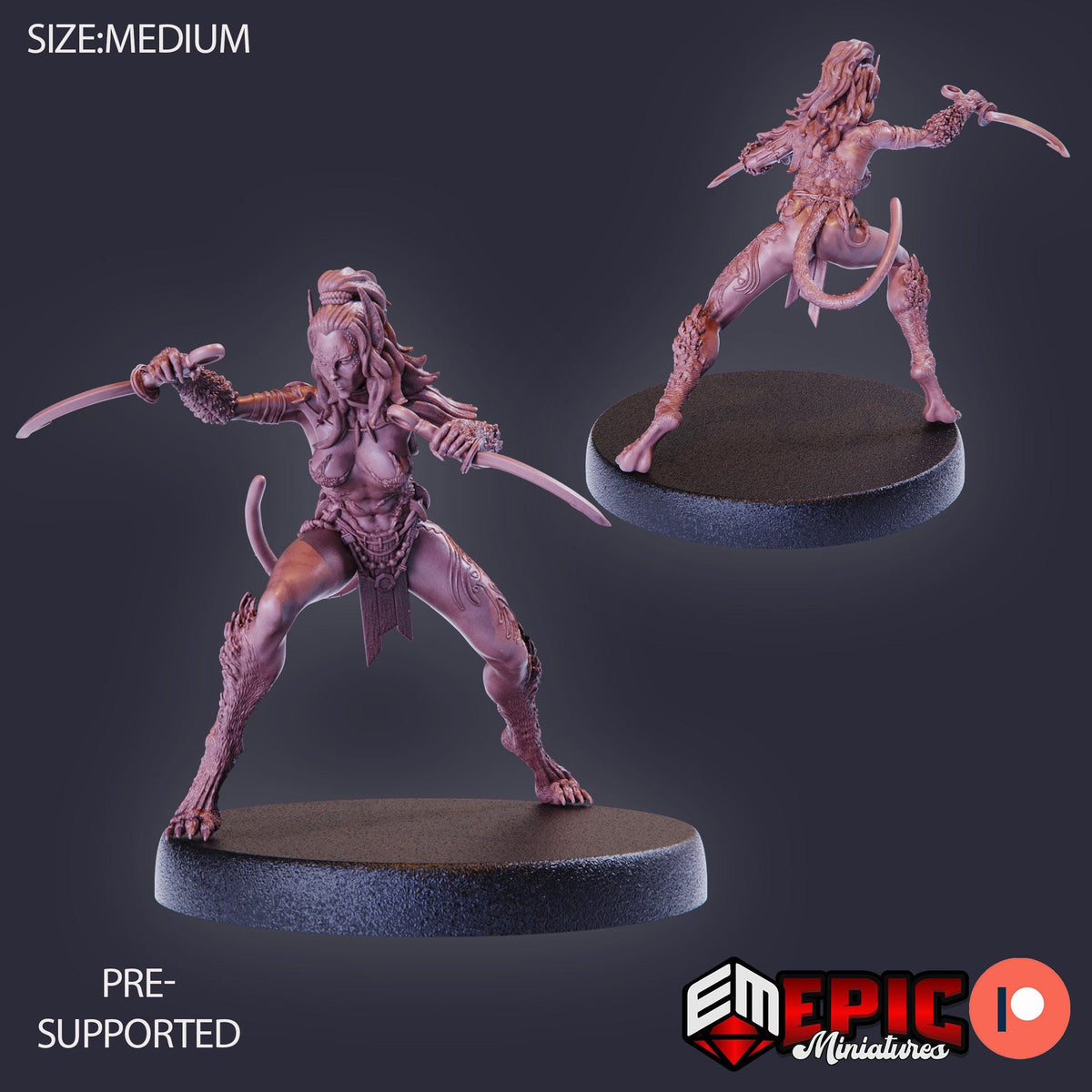 two figurines of a woman with long hair and a fierce expression, each holding a weapon and standing on a platform.