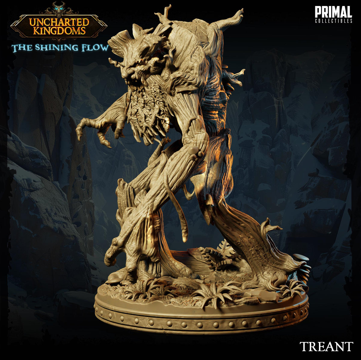 a detailed, intricate statue of a fantastical creature with a large head, long neck, and sharp teeth, standing on a pedestal and surrounded by various natural elements.