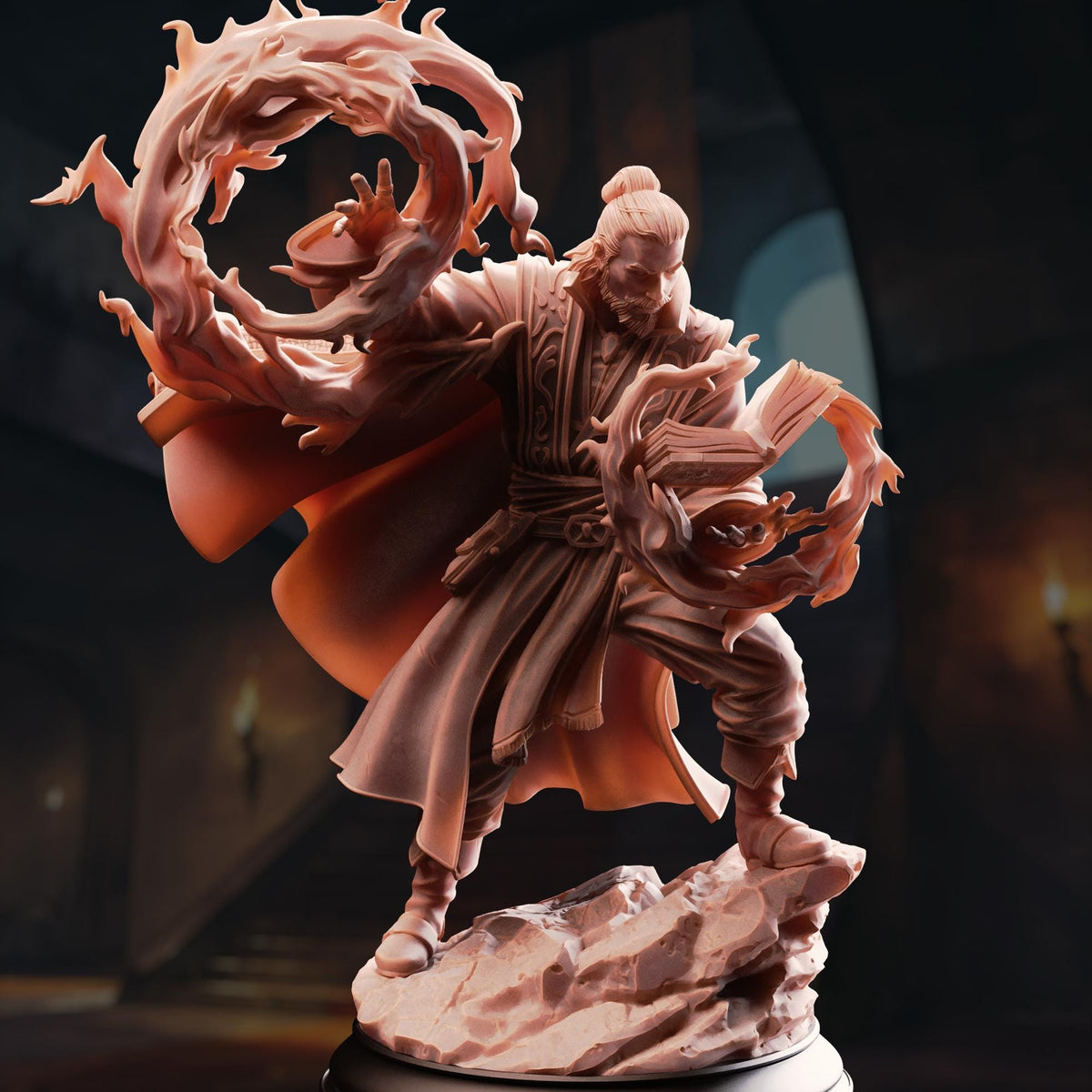 A detailed 3D model of a character with a flowing robe and a large, fiery orb in their hands, set against a dark background.