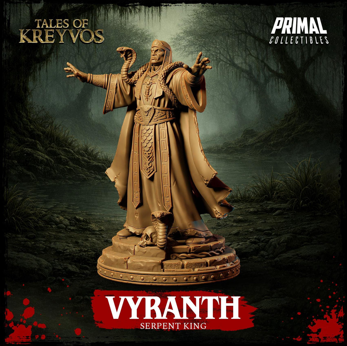 a statue of a serpent king, Vyranch, standing in a dark, misty forest.