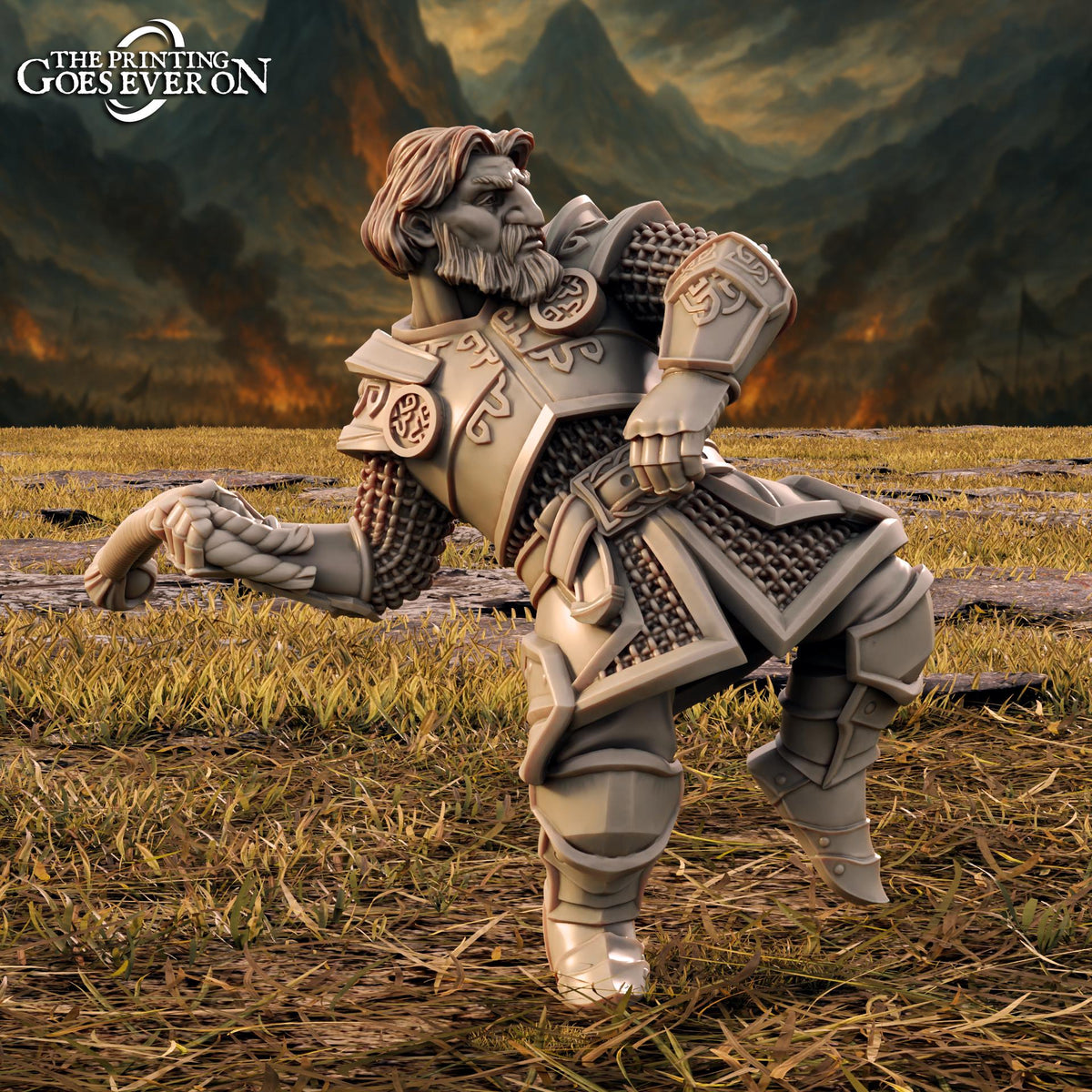 A 3D rendering of a knight in armor, standing in a field with mountains in the background.