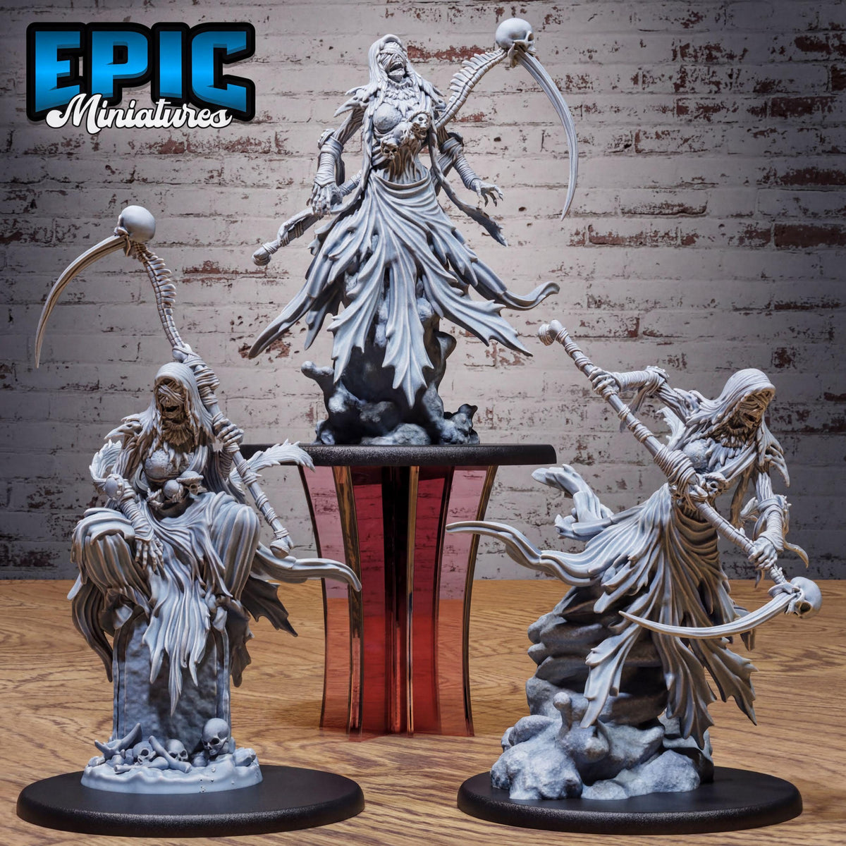 three detailed figurines of a dark, ominous character with a long, flowing robe and a large headdress, set against a brick wall backdrop.