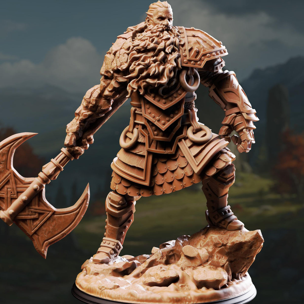 A detailed 3D model of a heavily armored and battle-ready warrior figure, wielding a large weapon and standing on a rocky base against a backdrop of a mountainous landscape.