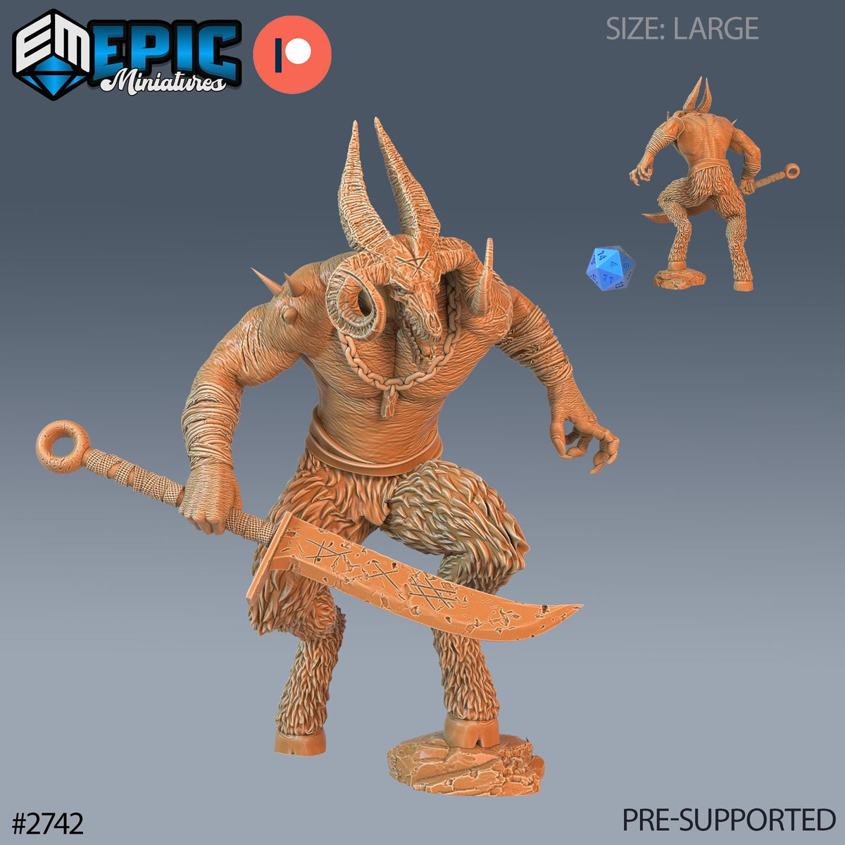 a detailed 3D model of a fantastical creature, possibly a mythical or magical being, with horns, a large sword, and a blue gemstone. The creature is shown in various sizes, from a small figurine to a larger scale model, and is set against a gray background. The image is pre-supported, indicating that it is a product of Epic Miniatures.