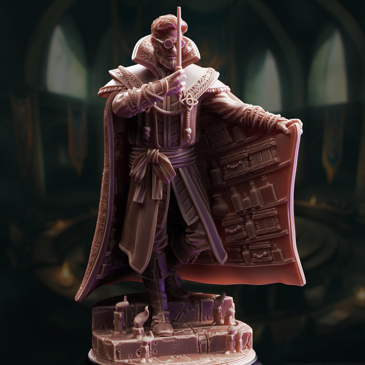 A detailed 3D rendering of a character wearing a cape and holding a staff, standing in a dark, ornate setting.